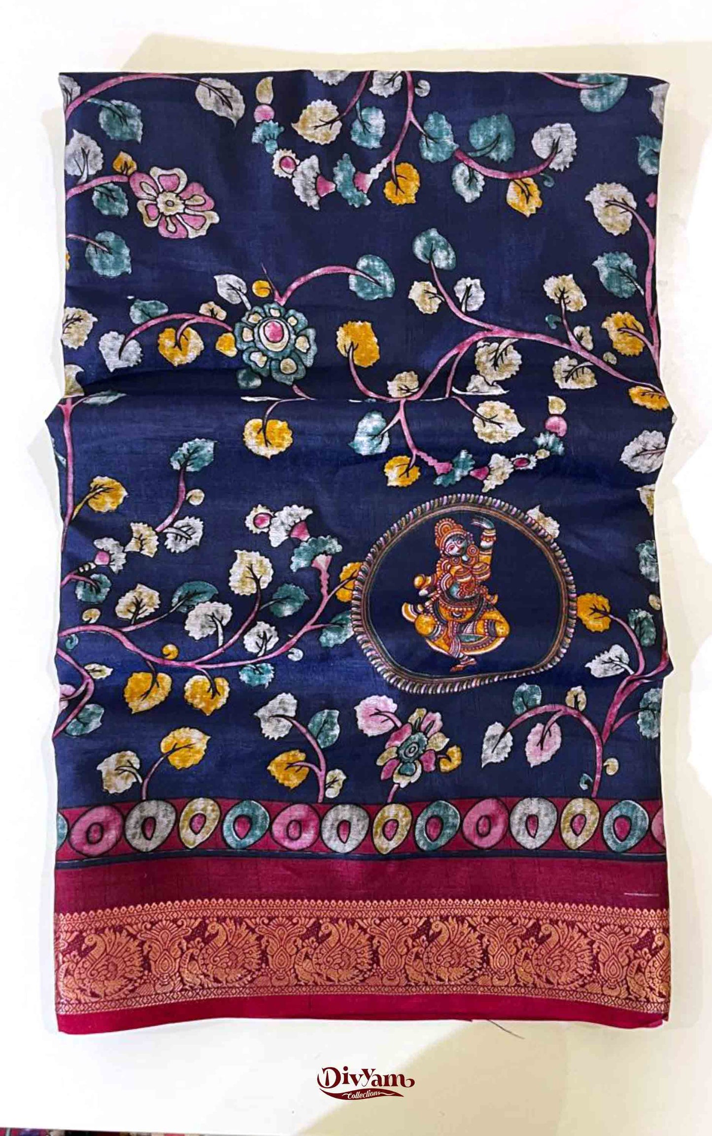 DC113 | Maheshwari Silk Saree with Kalamkari Print & Narayanapattu Hamsa Border | Running Blouse | 6 Colours