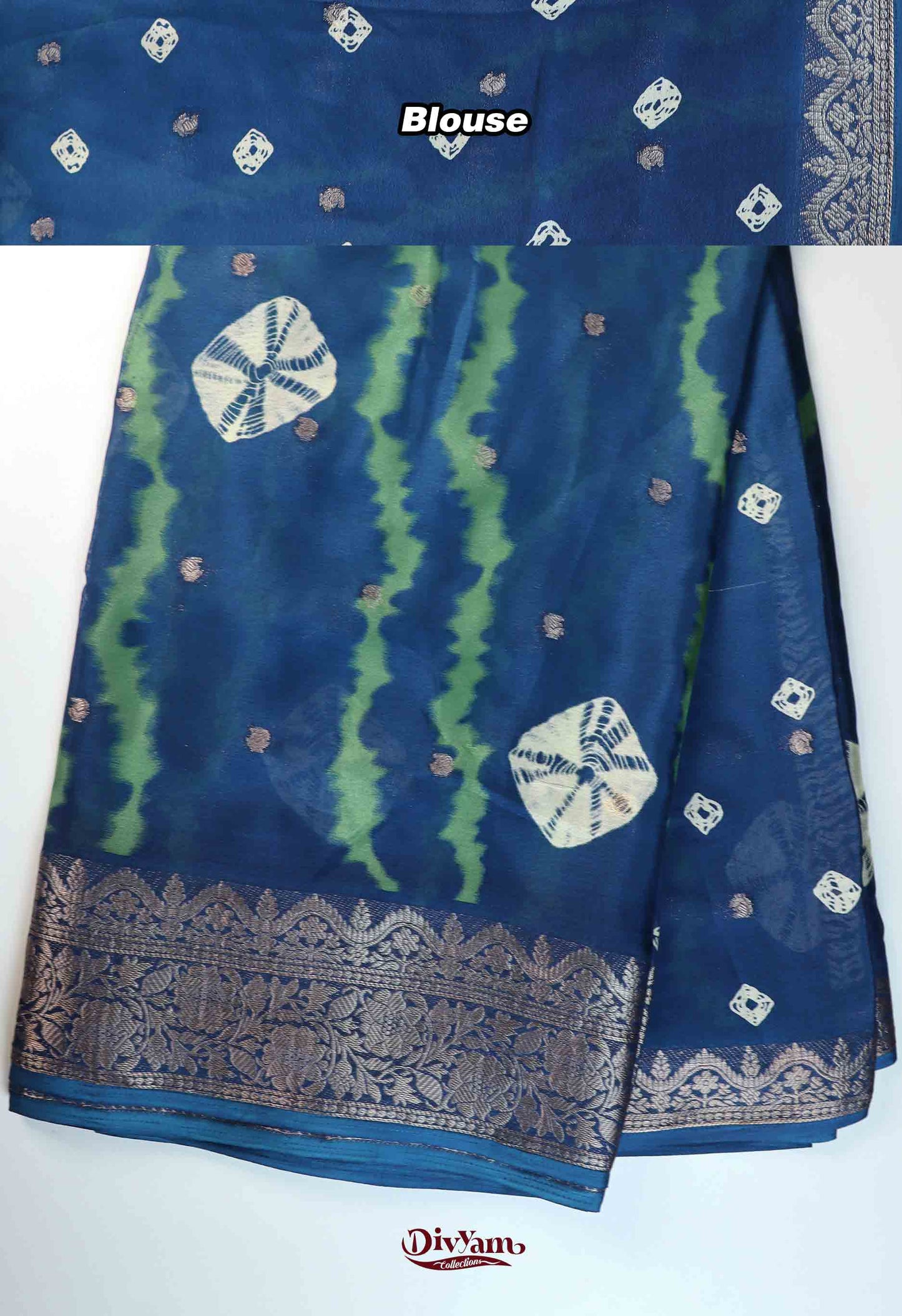 DC275 | Soft Chinon Crepe Silk Saree with Bandhini Shibori Design & Gold Zari Border