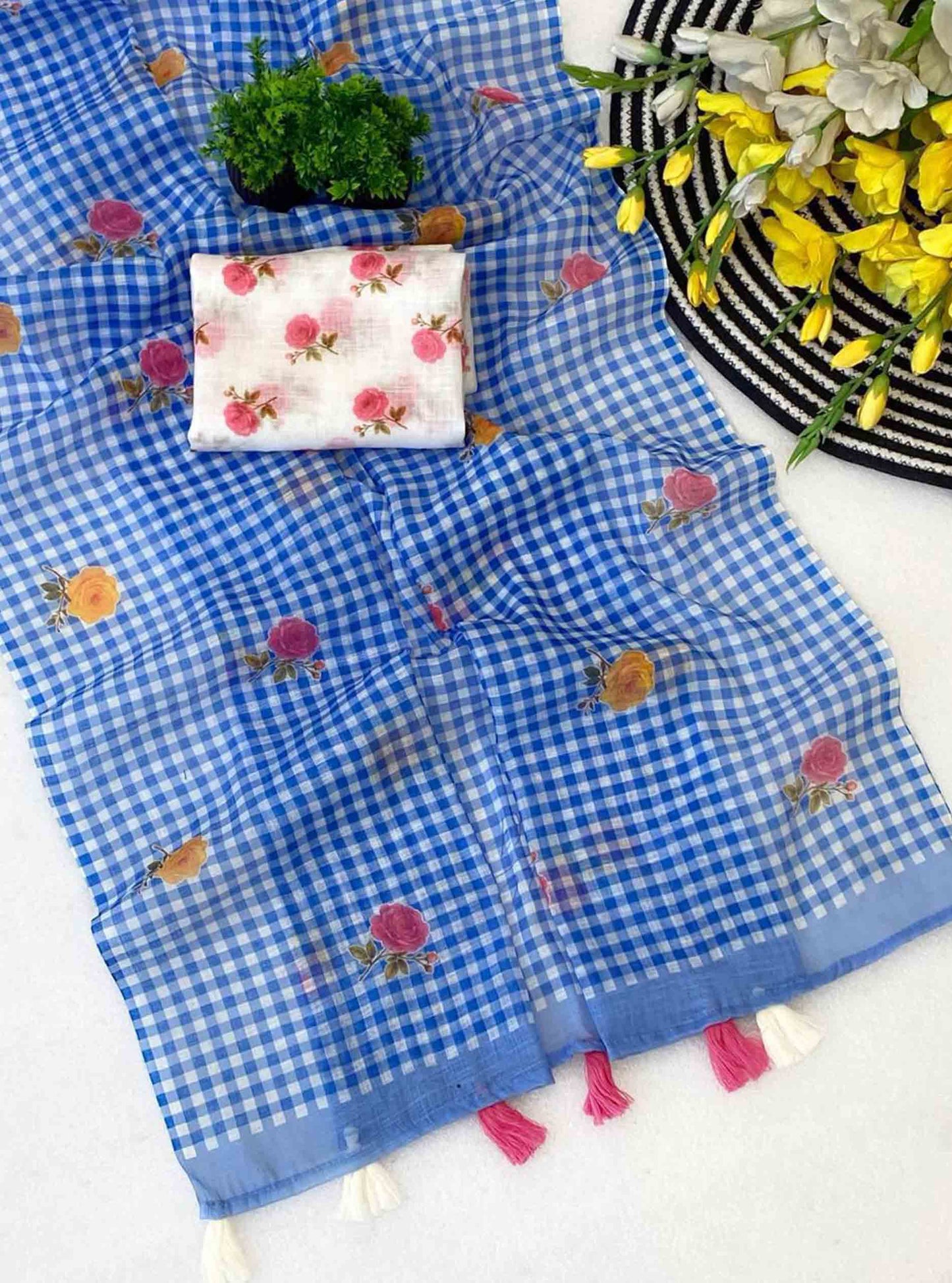 DC178 | Jute Linen Checks Saree with Floral Motifs & Printed White Blouse | Trending Collection