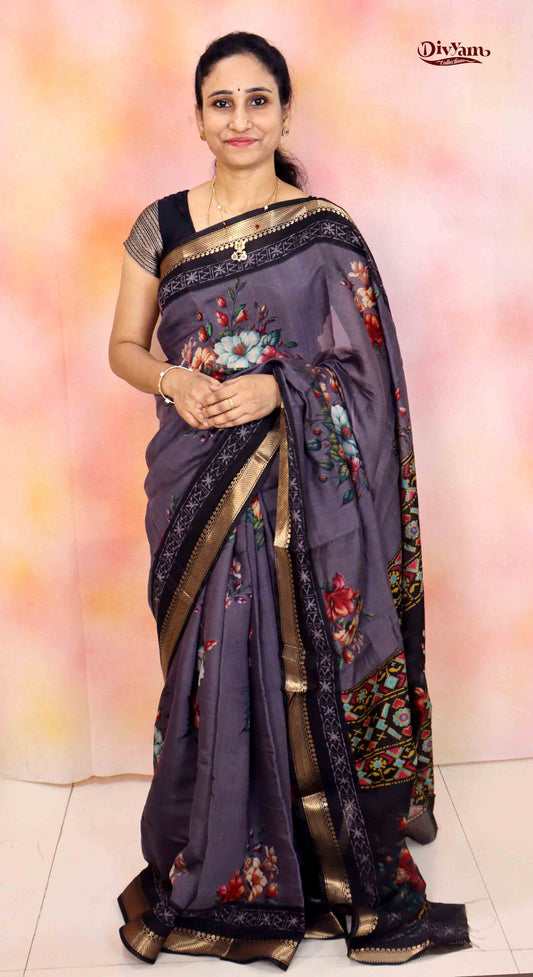 DC192 | Premium Maheshwari Silk Floral Print Saree with Nizampet Border & Contrast Blouse