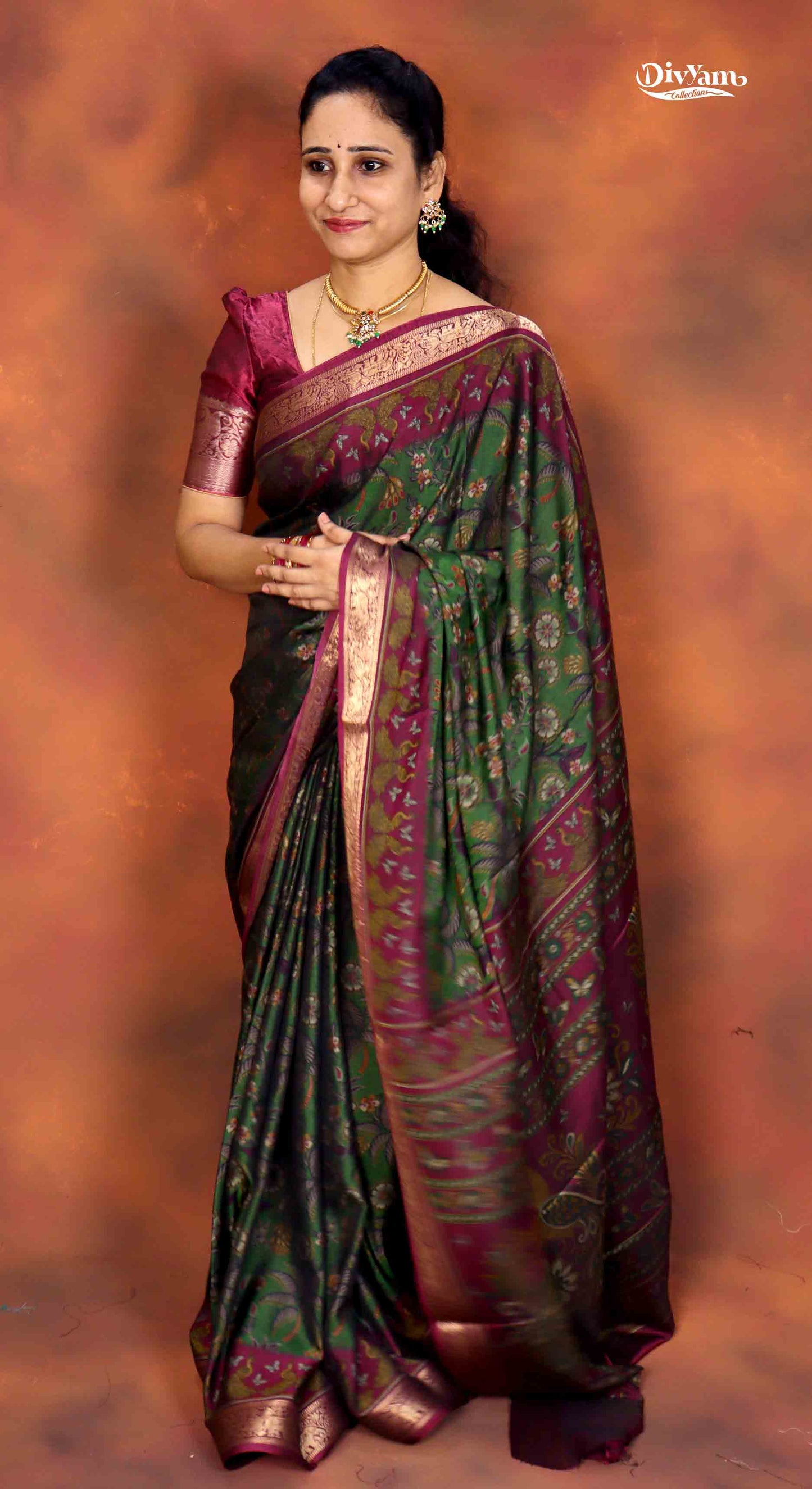 Maheshwari Silk Saree with Kalamkari Print & Narayanpet Border | DC242