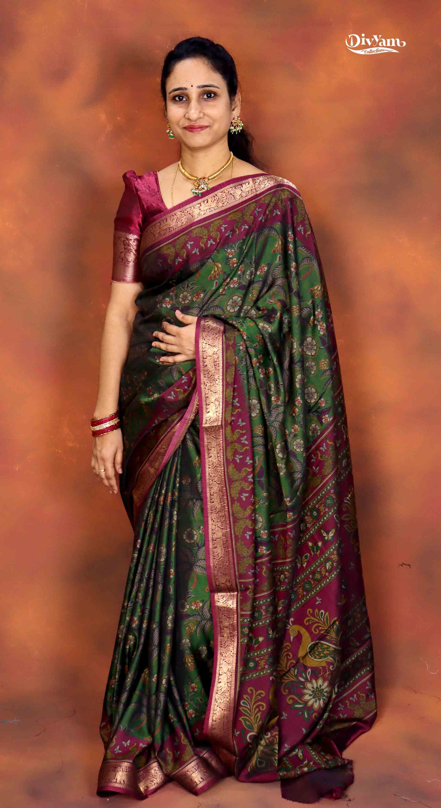Maheshwari Silk Saree with Kalamkari Print & Narayanpet Border | DC242