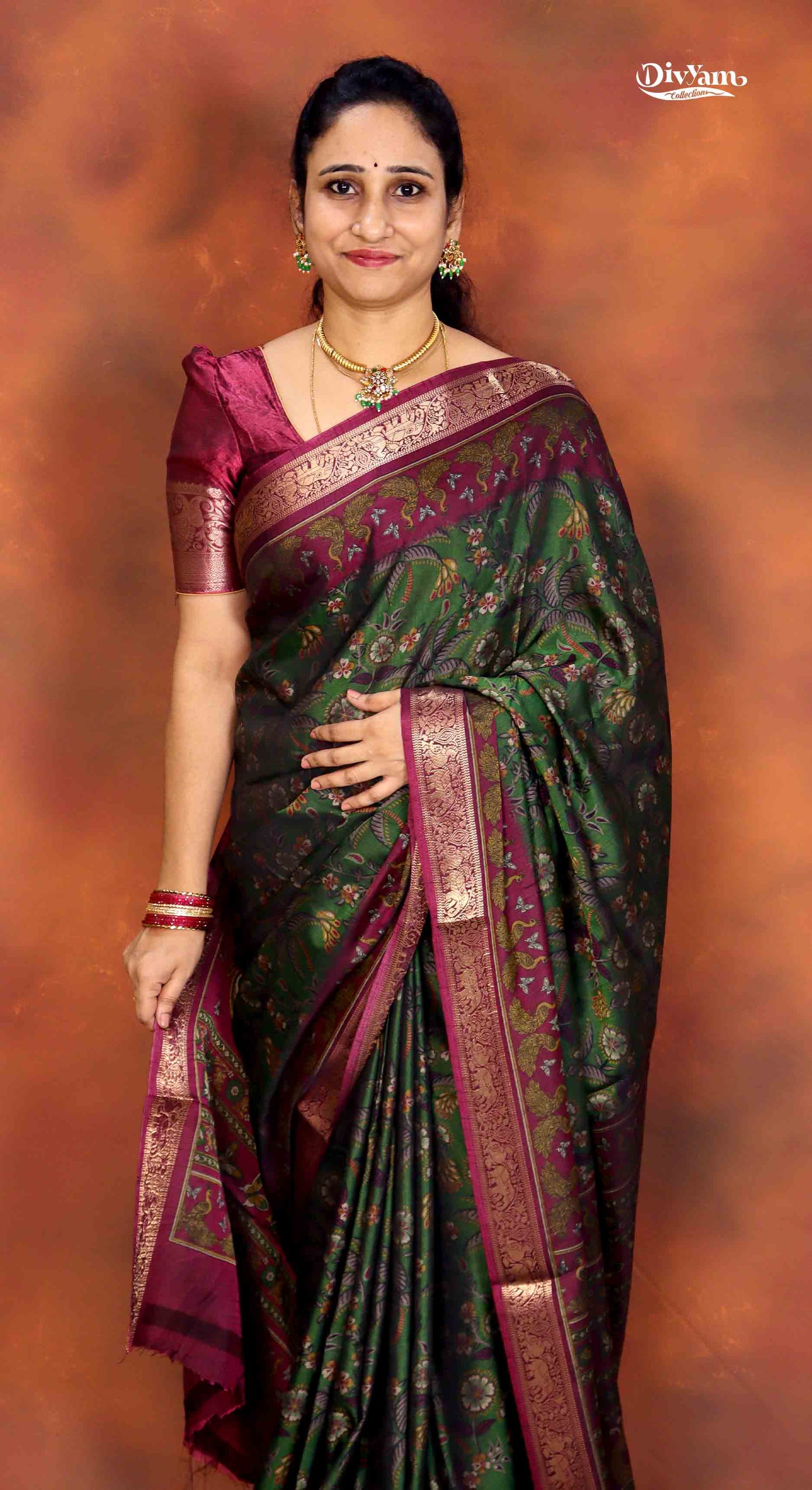 Maheshwari Silk Saree with Kalamkari Print & Narayanpet Border | DC242