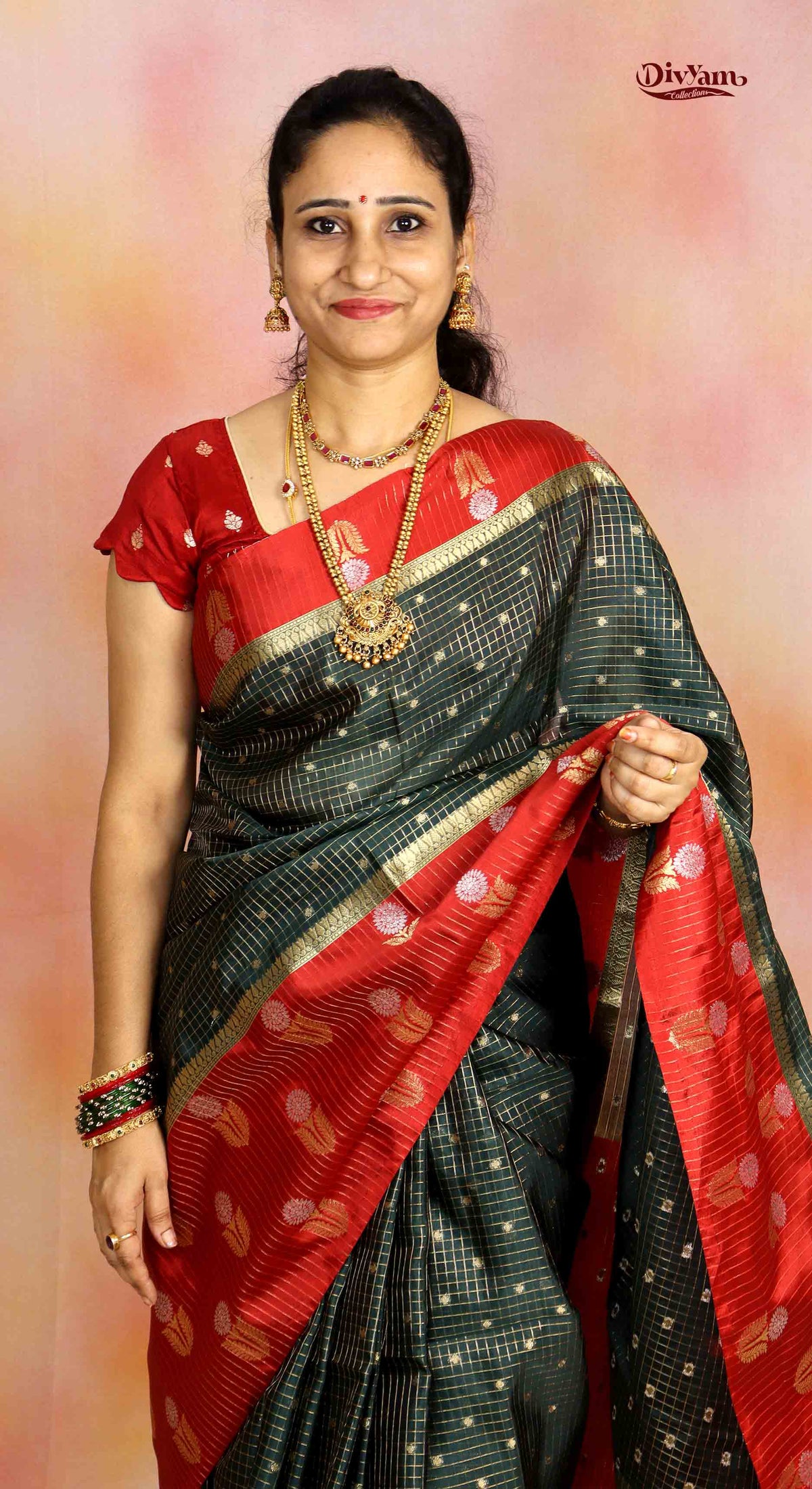 DC301 | Fancy Semi Pattu Saree with Vintage Checks & Zari Floral Butties