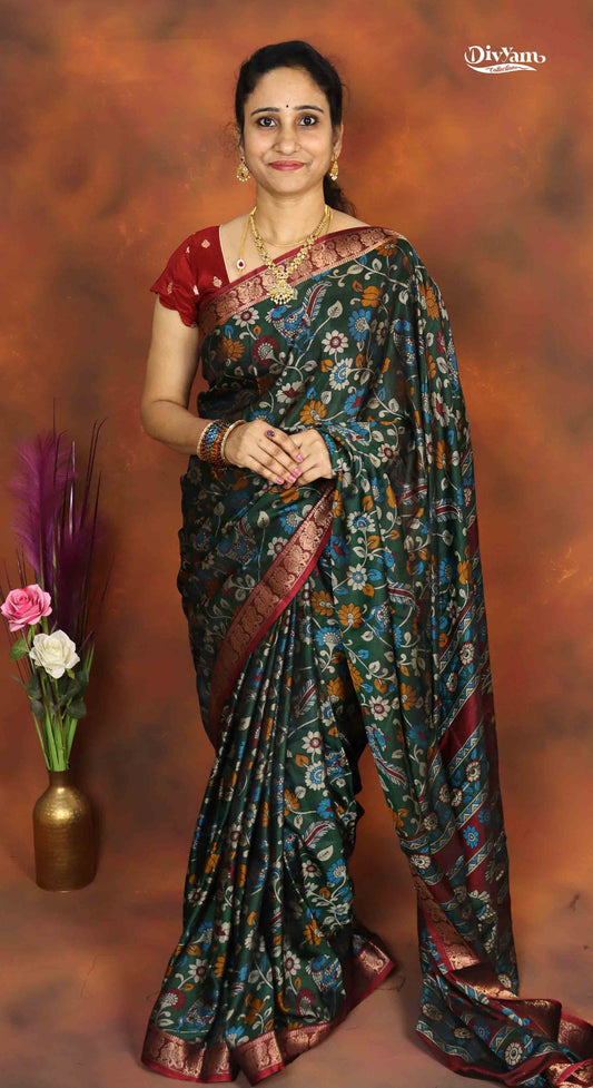 DC314 | Maheshwari Silk Saree with Kalamkari Floral Print & Running Blouse