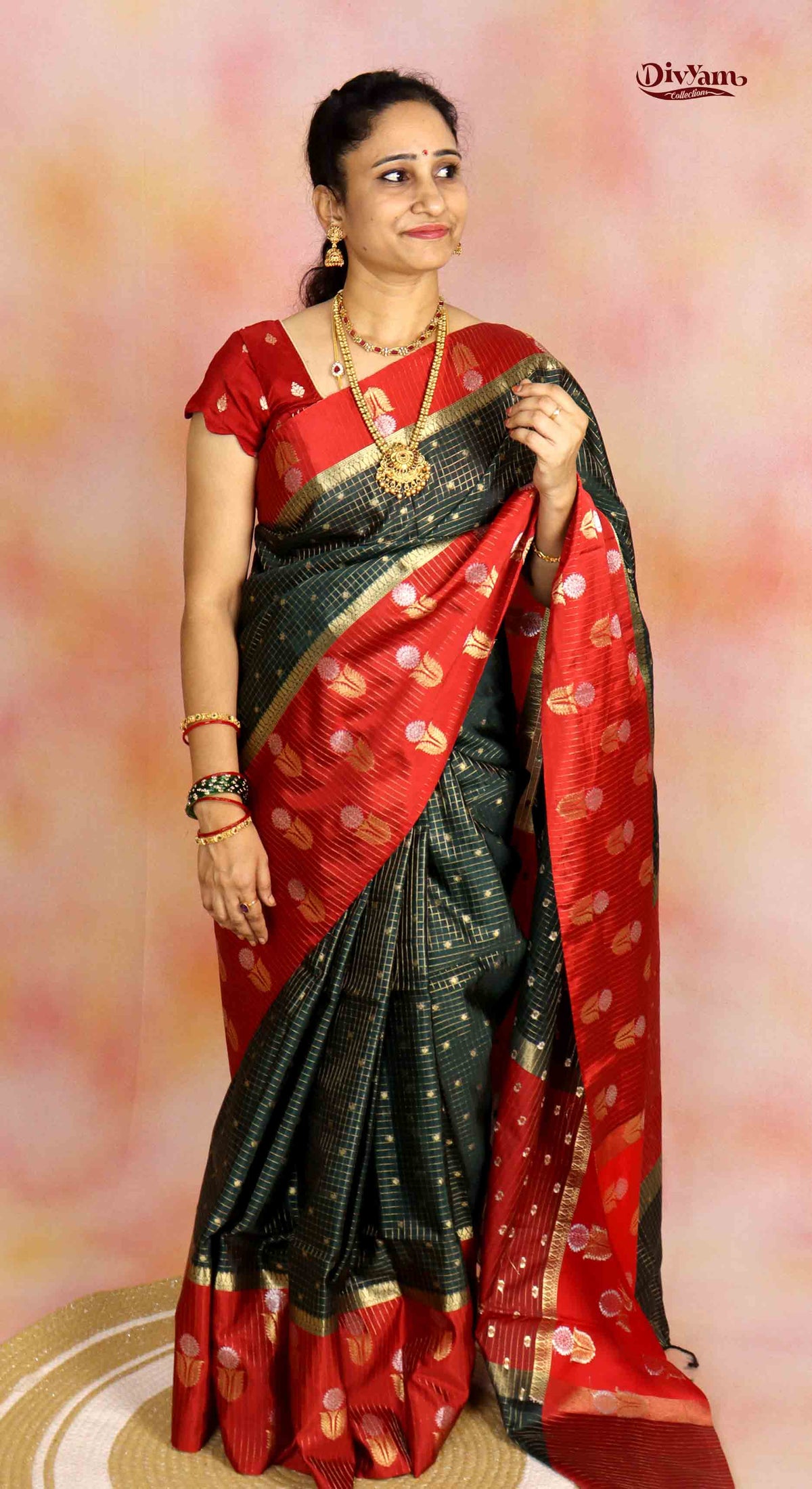 DC301 | Fancy Semi Pattu Saree with Vintage Checks & Zari Floral Butties