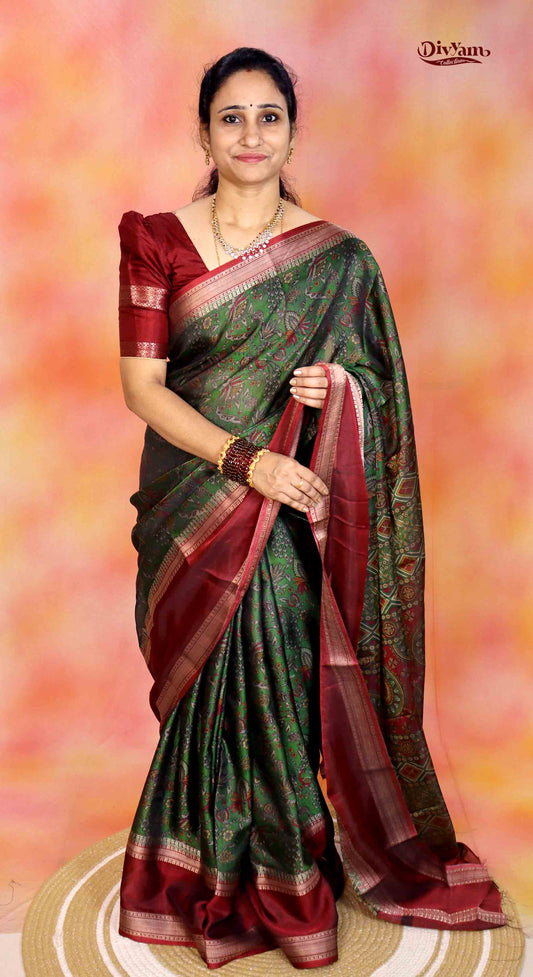 DC266 | Maheshwari Silk Saree with Kalamkari Design & Gap Border