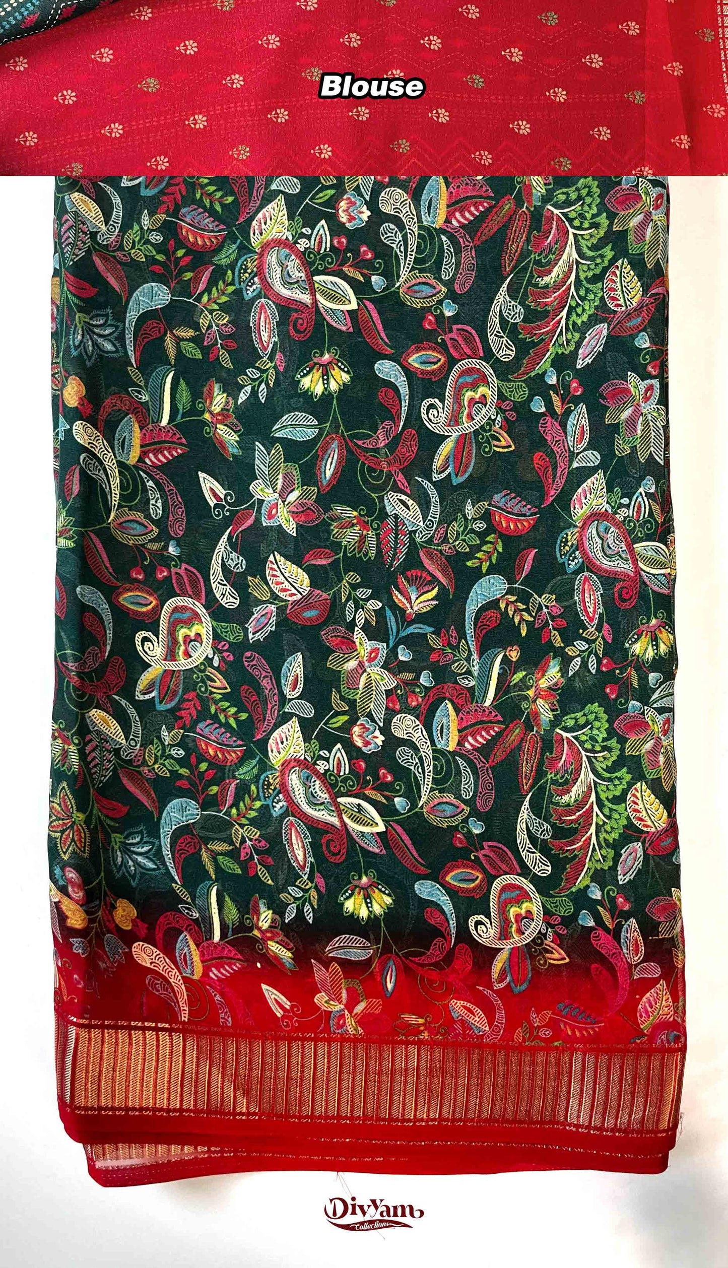 DC188 | Soft Georgette Kalamkari Print Saree with Jari Piping Border & Contrast Blouse