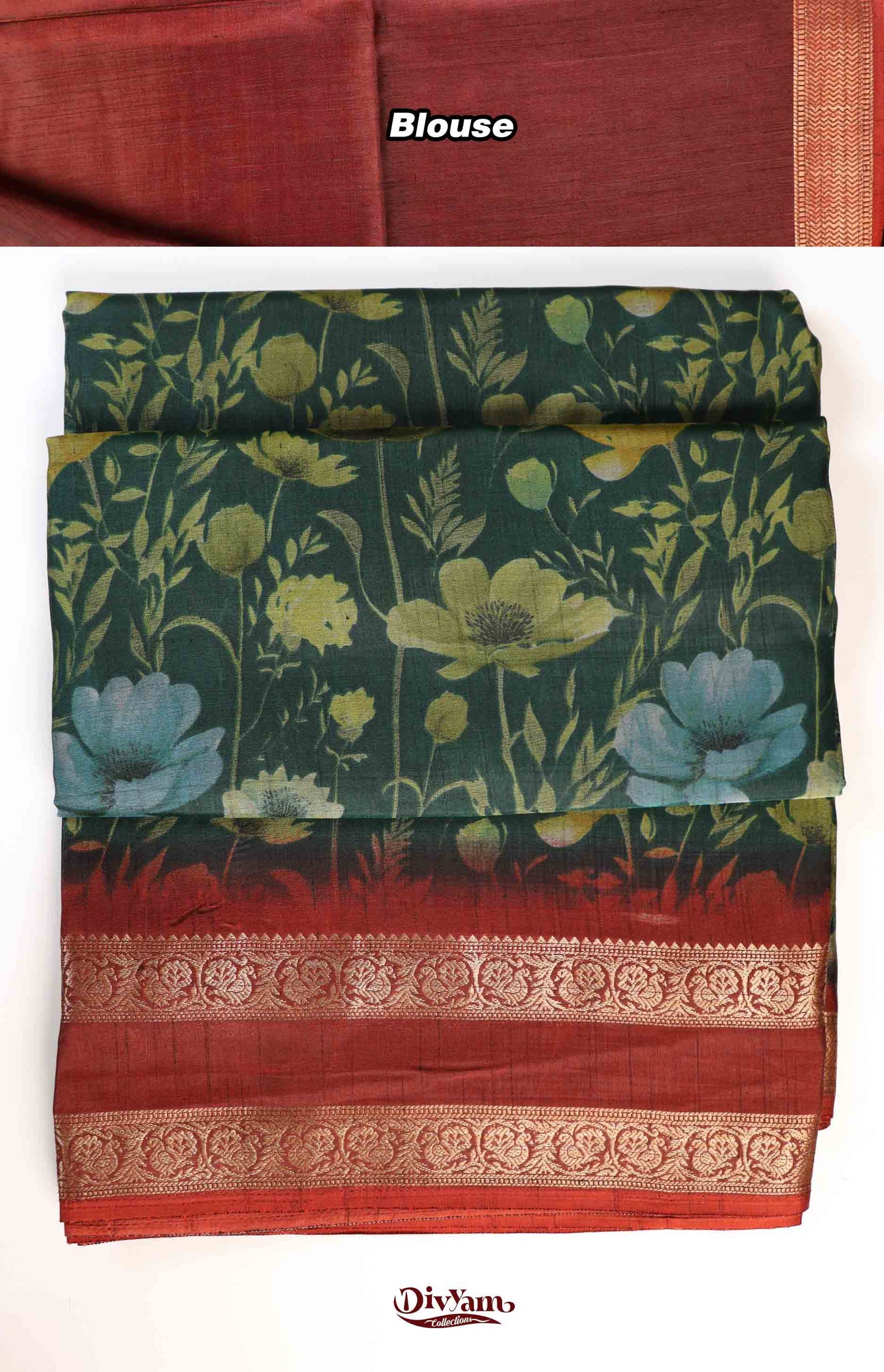 DC215 | Fancy Soft Silk Saree with Floral Print & Gap Border