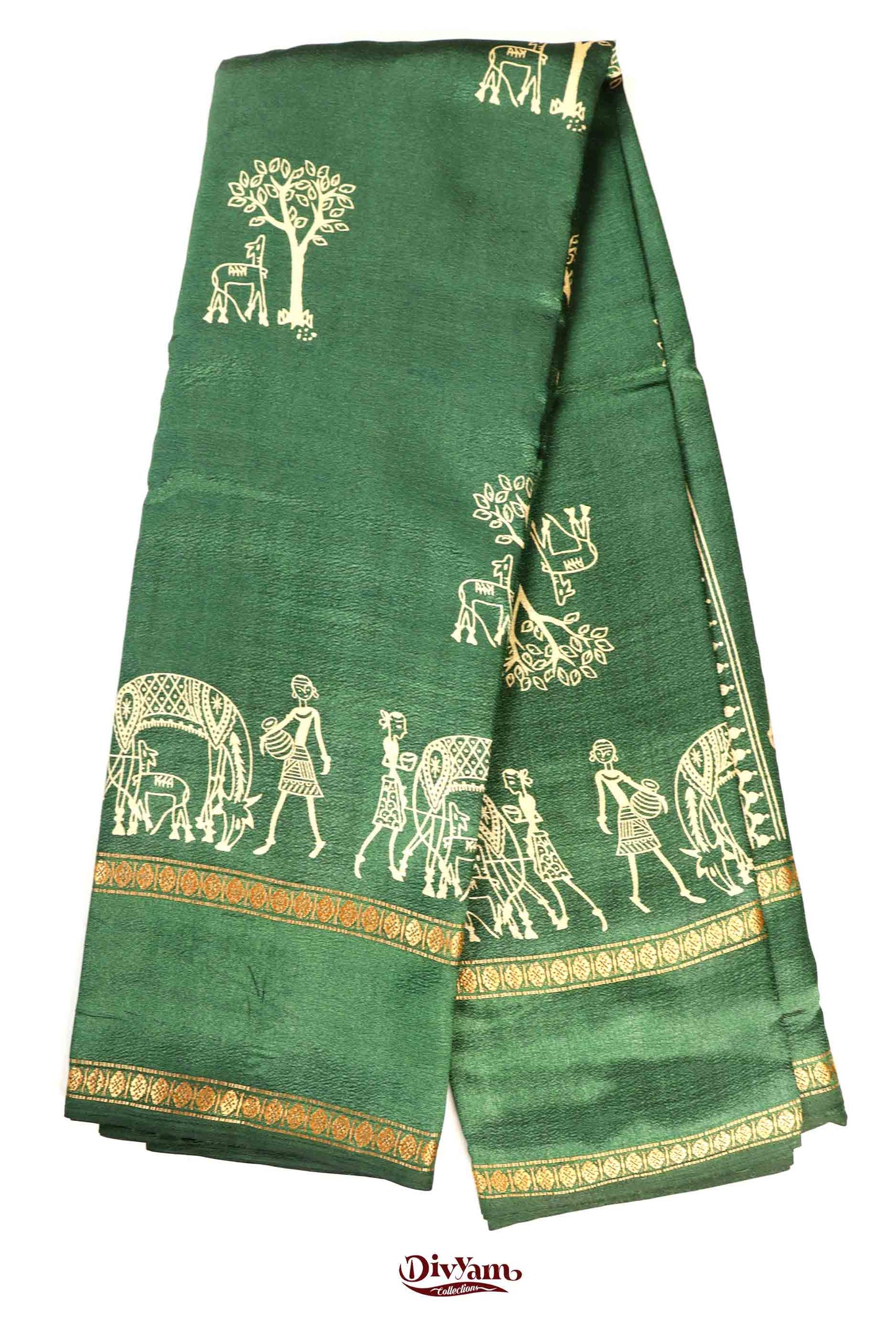 DC232 | Fancy Soft Silk Saree with Warli Adivasi Design & Zari Gap Border