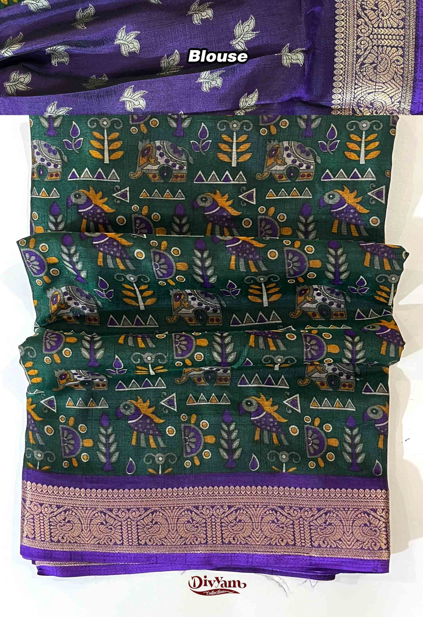 DC277 | Maheshwari Silk Saree with Kalamkari Animal Print & Rich Jari Border