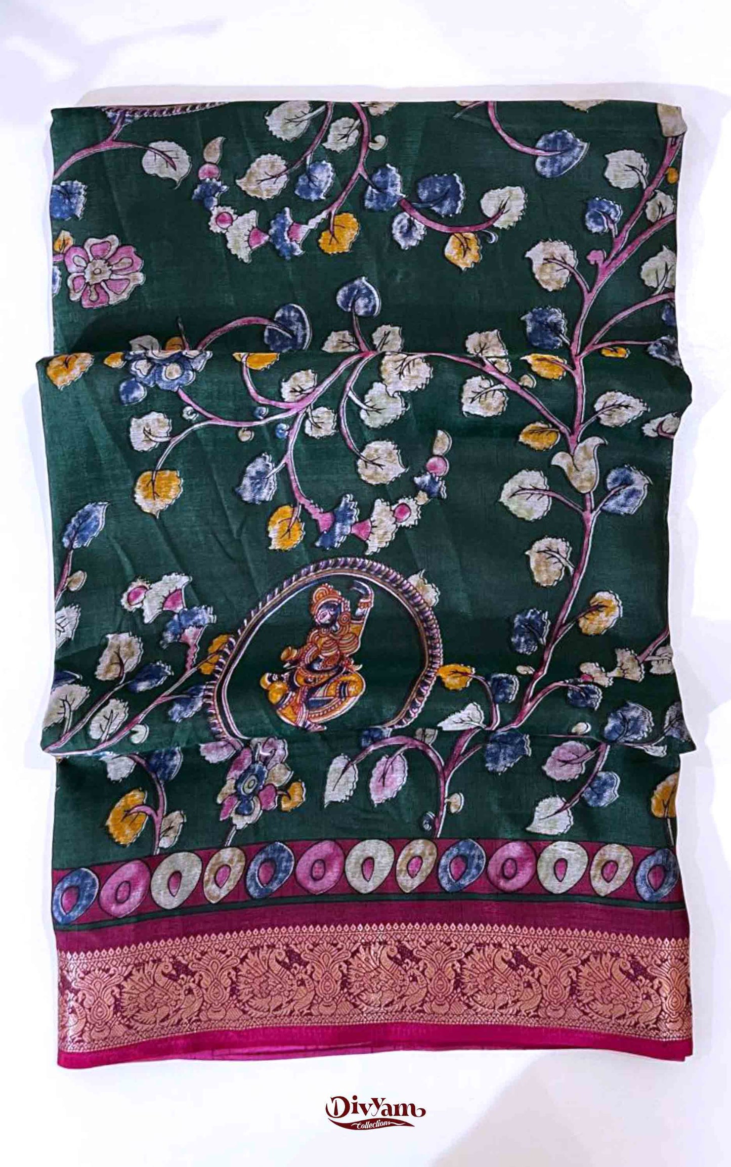 DC113 | Maheshwari Silk Saree with Kalamkari Print & Narayanapattu Hamsa Border | Running Blouse | 6 Colours