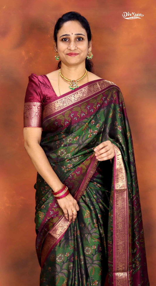 DC242 | Maheshwari Silk Saree with Kalamkari Print & Narayanpet Border