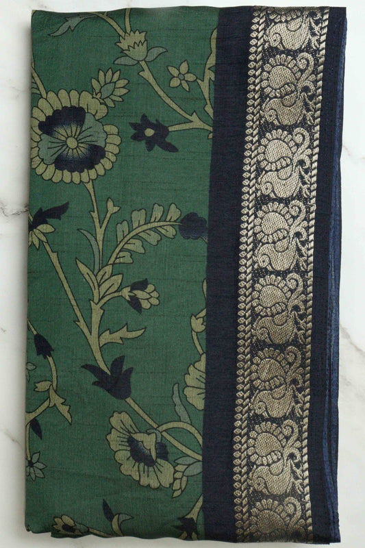 DCMS39 Bottle Green Maheshwari Silk Sarees with Narayanapattu Border & Kalamkari Print