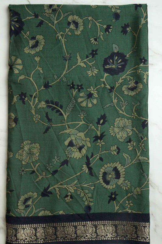 DCMS39 Bottle Green Maheshwari Silk Sarees with Narayanapattu Border & Kalamkari Print