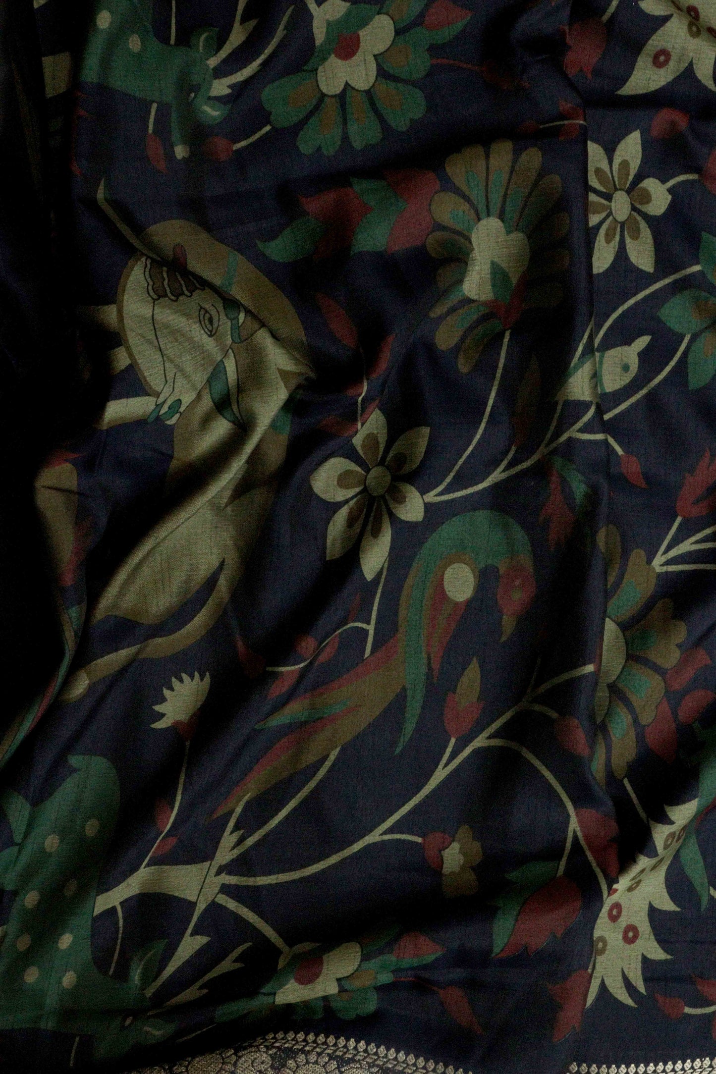 DCMS39 Bottle Green Maheshwari Silk Sarees with Narayanapattu Border & Kalamkari Print