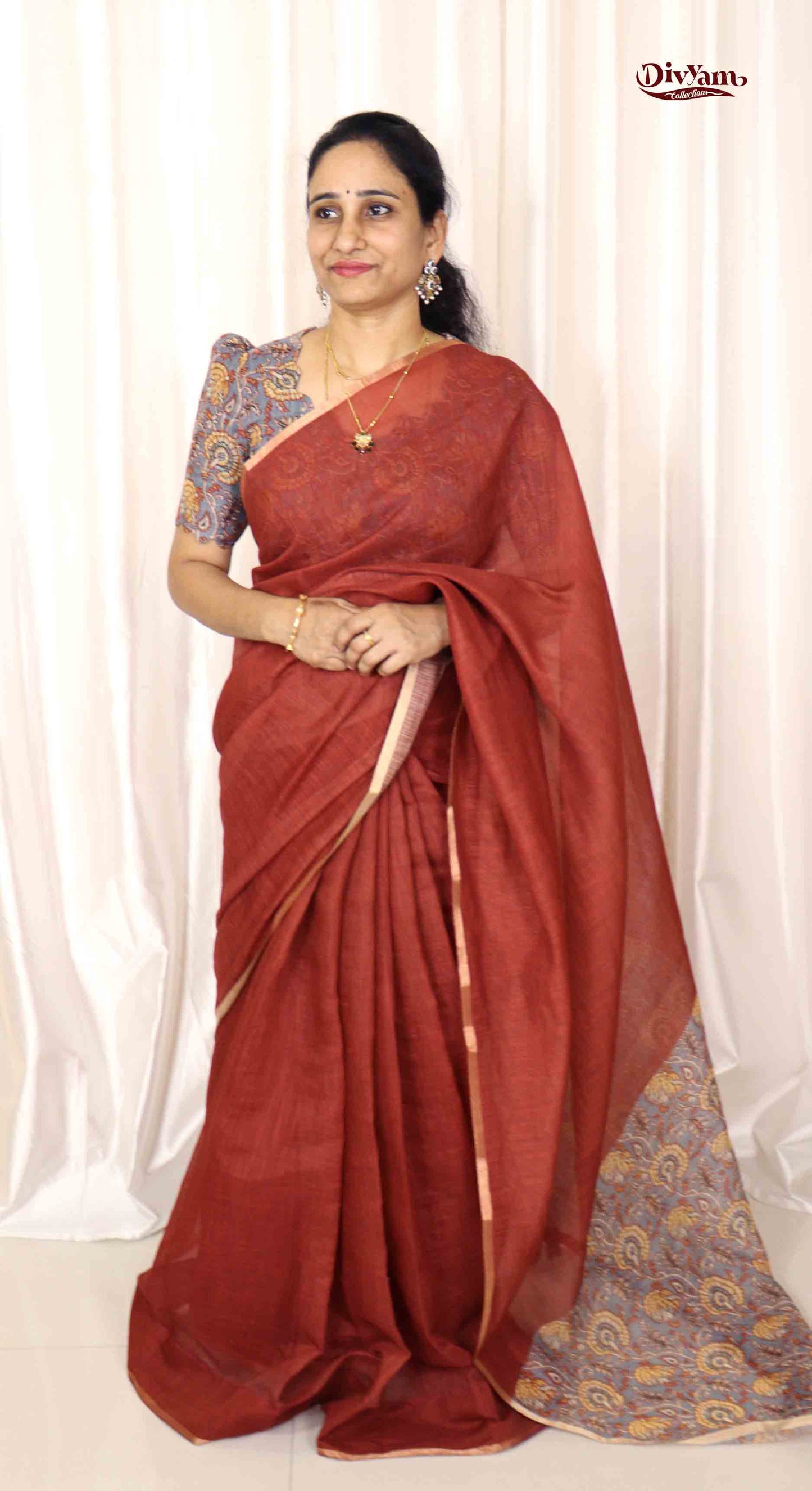 DC171 | Linen Cotton Saree with Gold Zari Stripe Border & Kalamkari Blouse | Soft Printed Collection