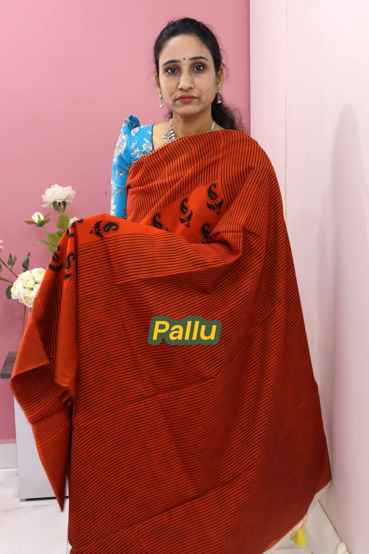 DC98 | Brick Red – Pure Mulmul Cotton Jaipuri Hand Block Printed Saree