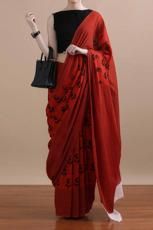 DC98 | Brick Red – Pure Mulmul Cotton Jaipuri Hand Block Printed Saree