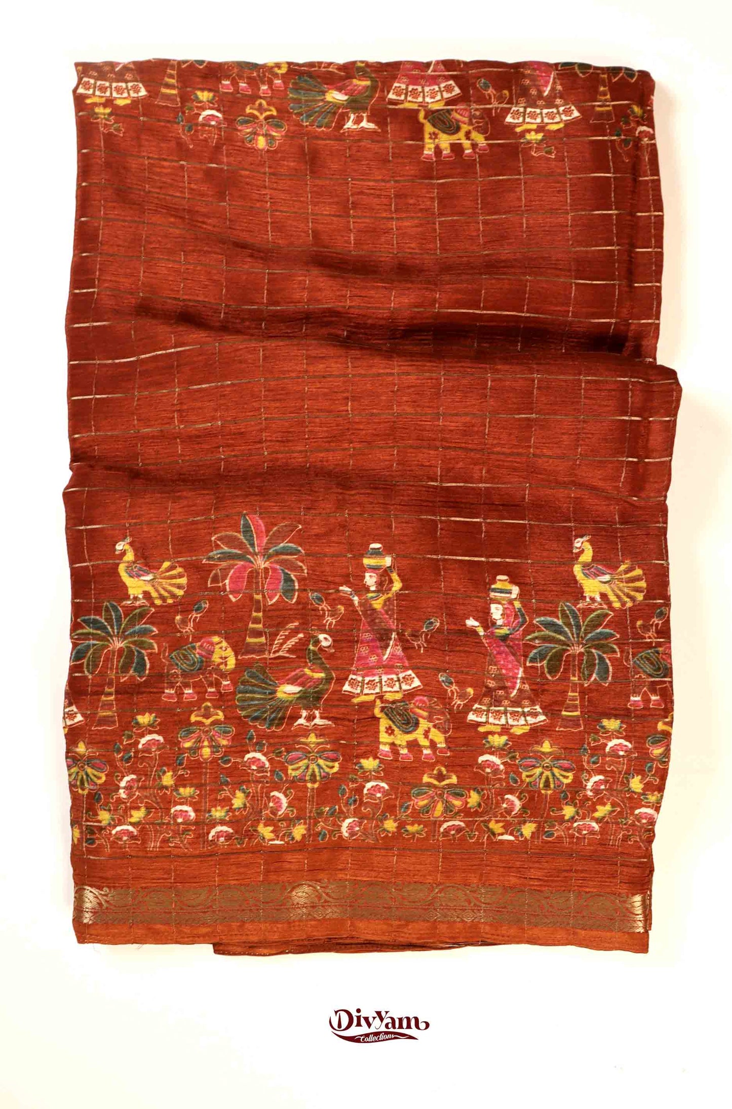 DC177 | Premium Chinon Crêpe Pattachitra Hand-Painted Saree with Jari Checks & Floral Accents