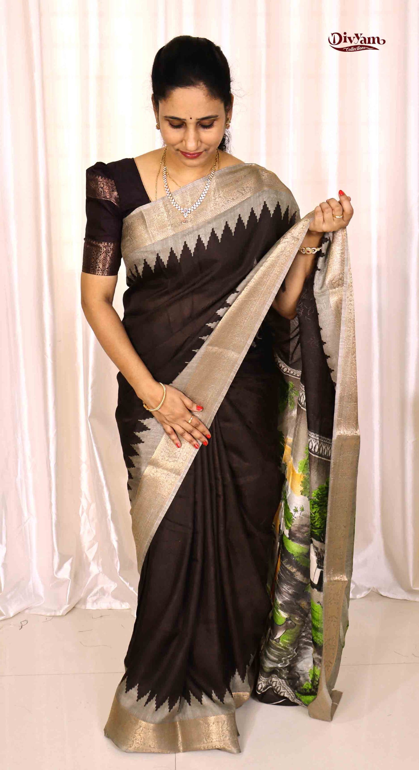 DC224 | Fancy Soft Silk Saree with bottom Temple steps and Zari Border