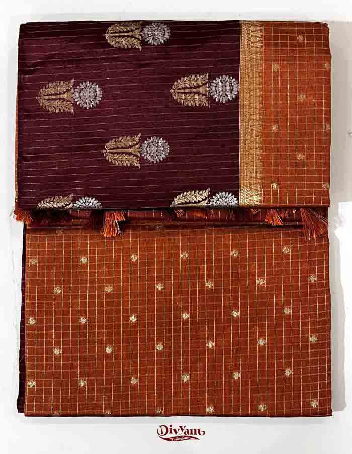 DC301 | Fancy Semi Pattu Saree with Vintage Checks & Zari Floral Butties