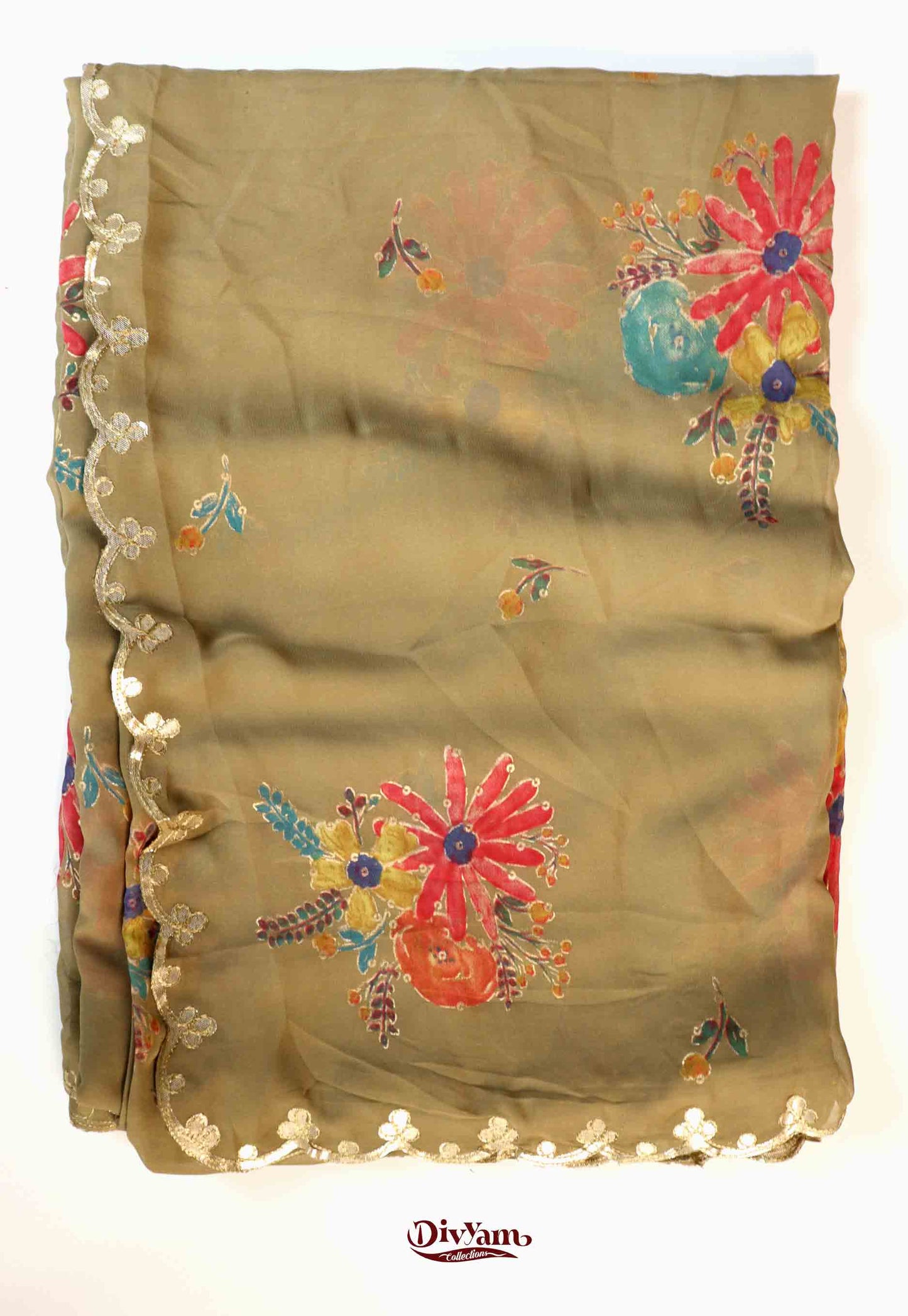 DC202 | Pure Chiffon Floral Print Saree with Cut work Border