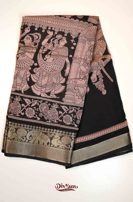 DC139 | Mangalagiri Silk Cotton Saree with Kalamkari Print & Nizam Border | Running Blouse | 4 Colour Catalogue