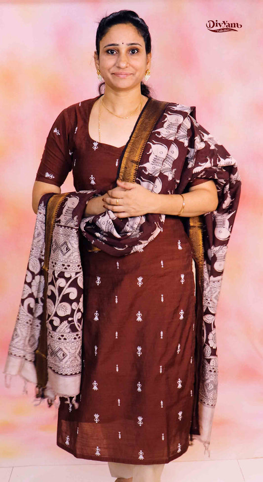 DC237 | Raw Silk Dress Material with Chennuri Silk Kalamkari Dupatta & Original Nizam Border