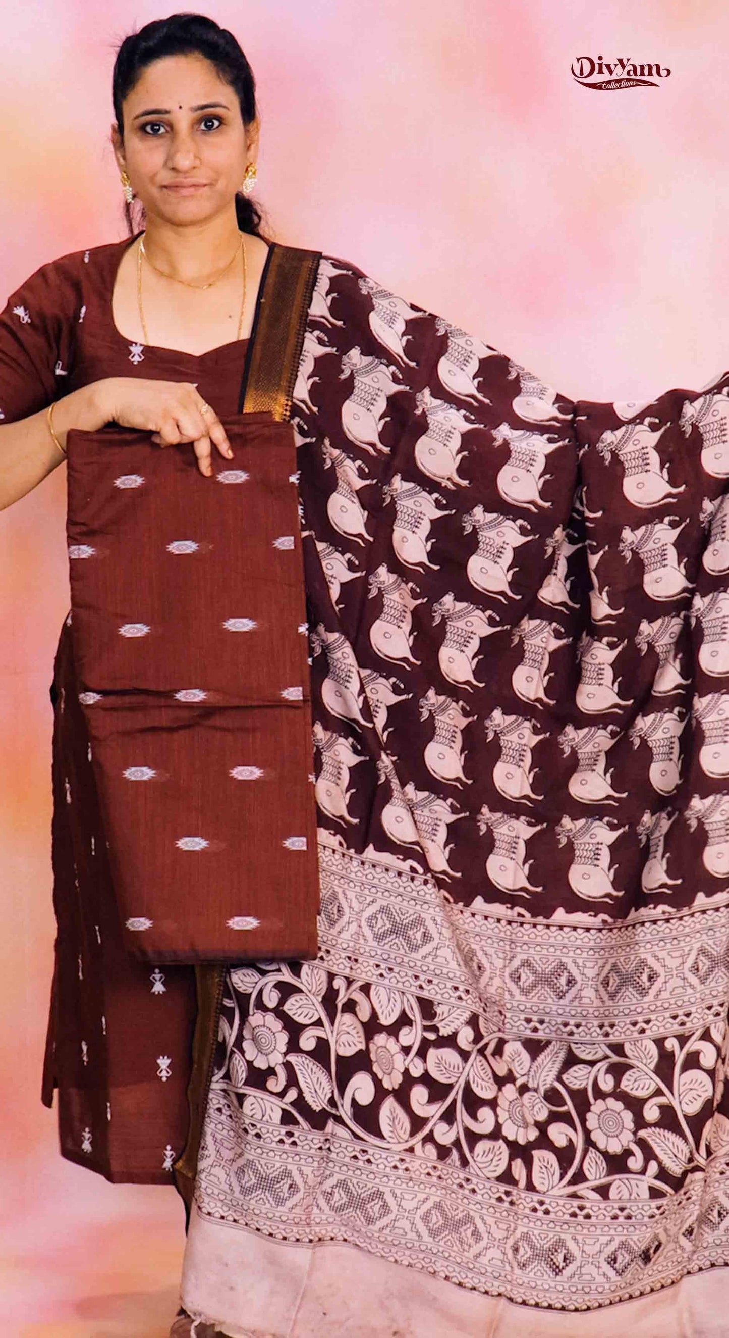 DC237 | Raw Silk Dress Material with Chennuri Silk Kalamkari Dupatta & Original Nizam Border