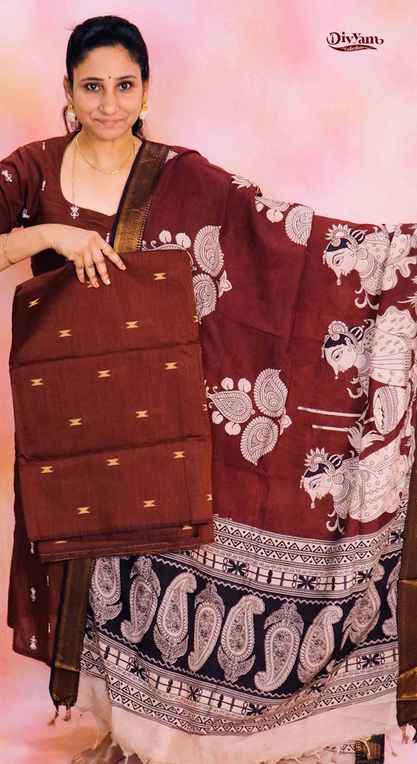 DC237 | Raw Silk Dress Material with Chennuri Silk Kalamkari Dupatta & Original Nizam Border