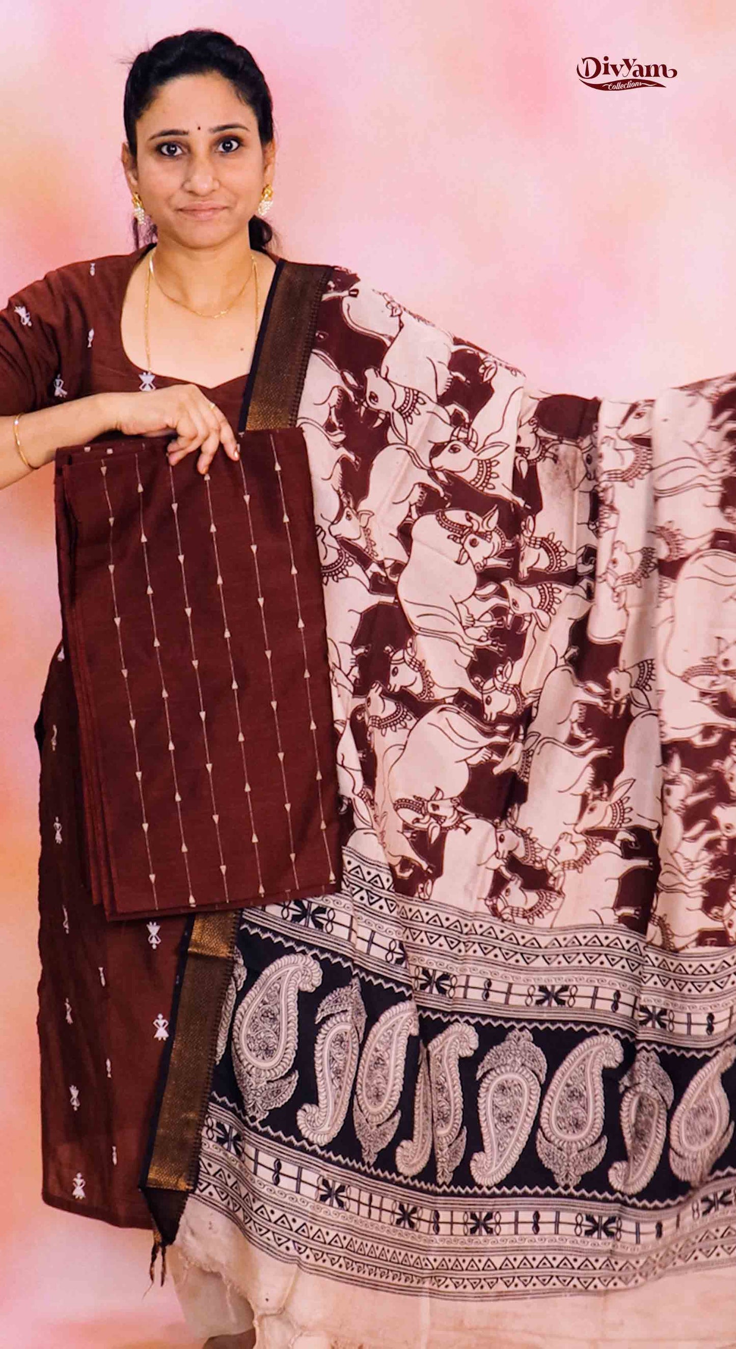DC237 | Raw Silk Dress Material with Chennuri Silk Kalamkari Dupatta & Original Nizam Border