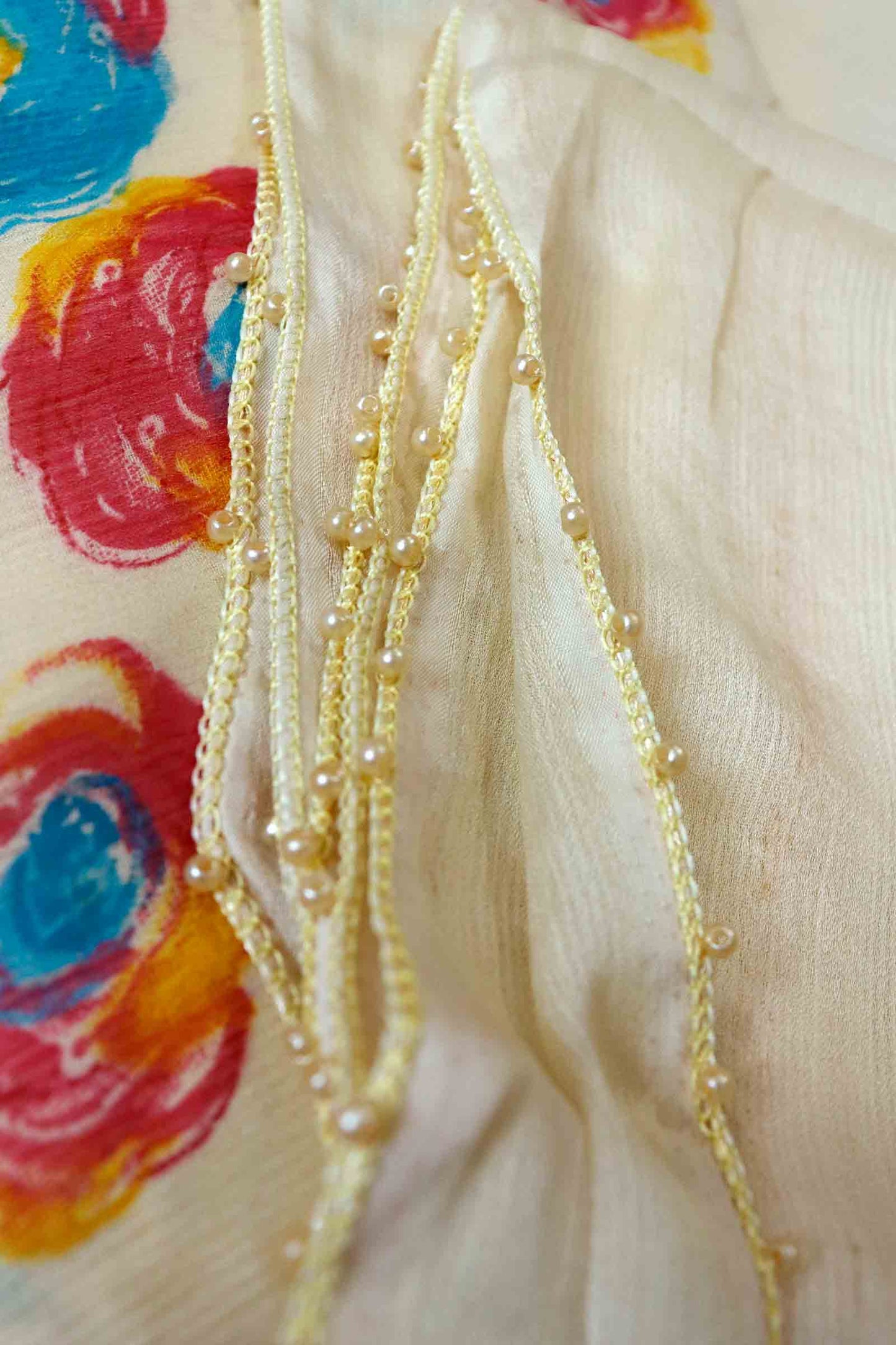 DCCH45 | Pastel Cream Pure Chiffon Saree with Floral Print & Beaded Border | Elegant Lightweight Drape