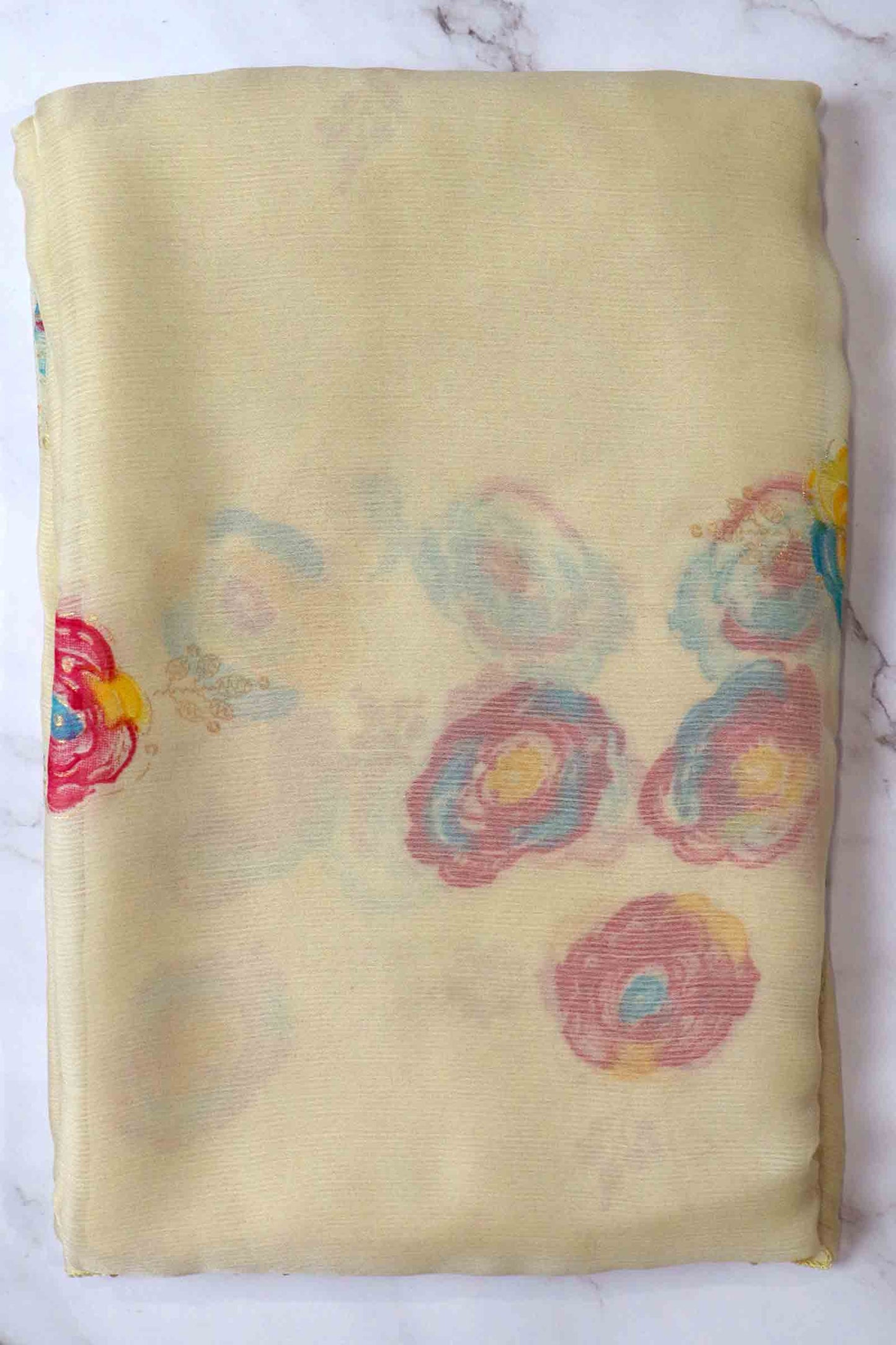 DCCH45 | Pastel Cream Pure Chiffon Saree with Floral Print & Beaded Border | Elegant Lightweight Drape