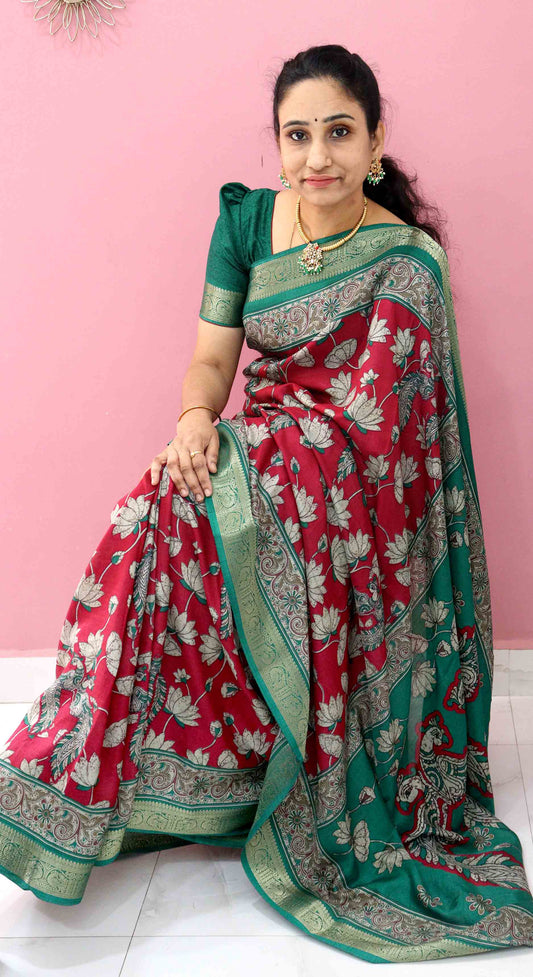 DC127 | Maheshwari Silk Saree with Lotus & Peacock Kalamkari Print & Zari Patti Border | 6 Colours