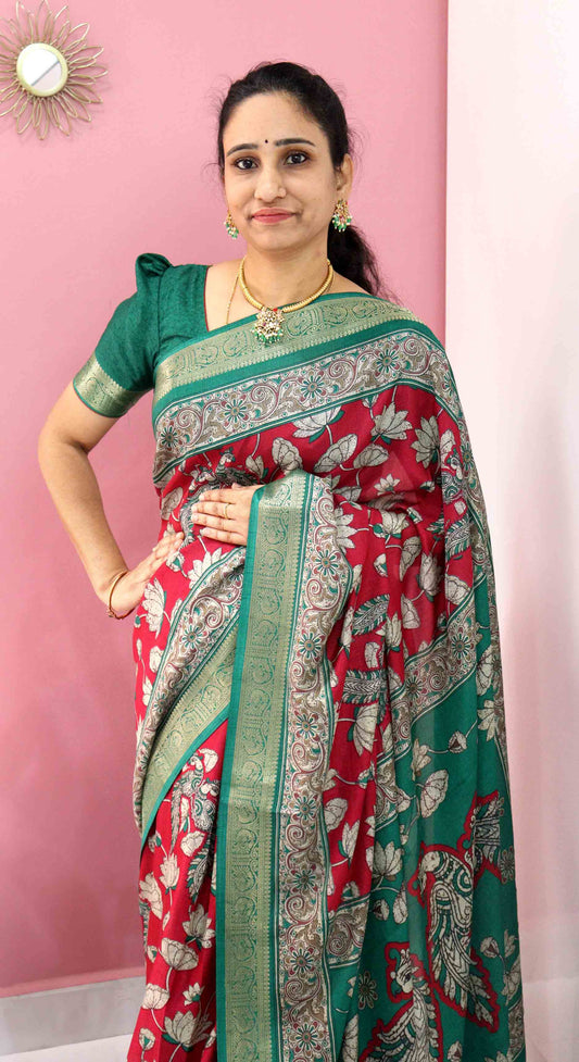 DC127 | Maheshwari Silk Saree with Lotus & Peacock Kalamkari Print & Zari Patti Border | 6 Colours