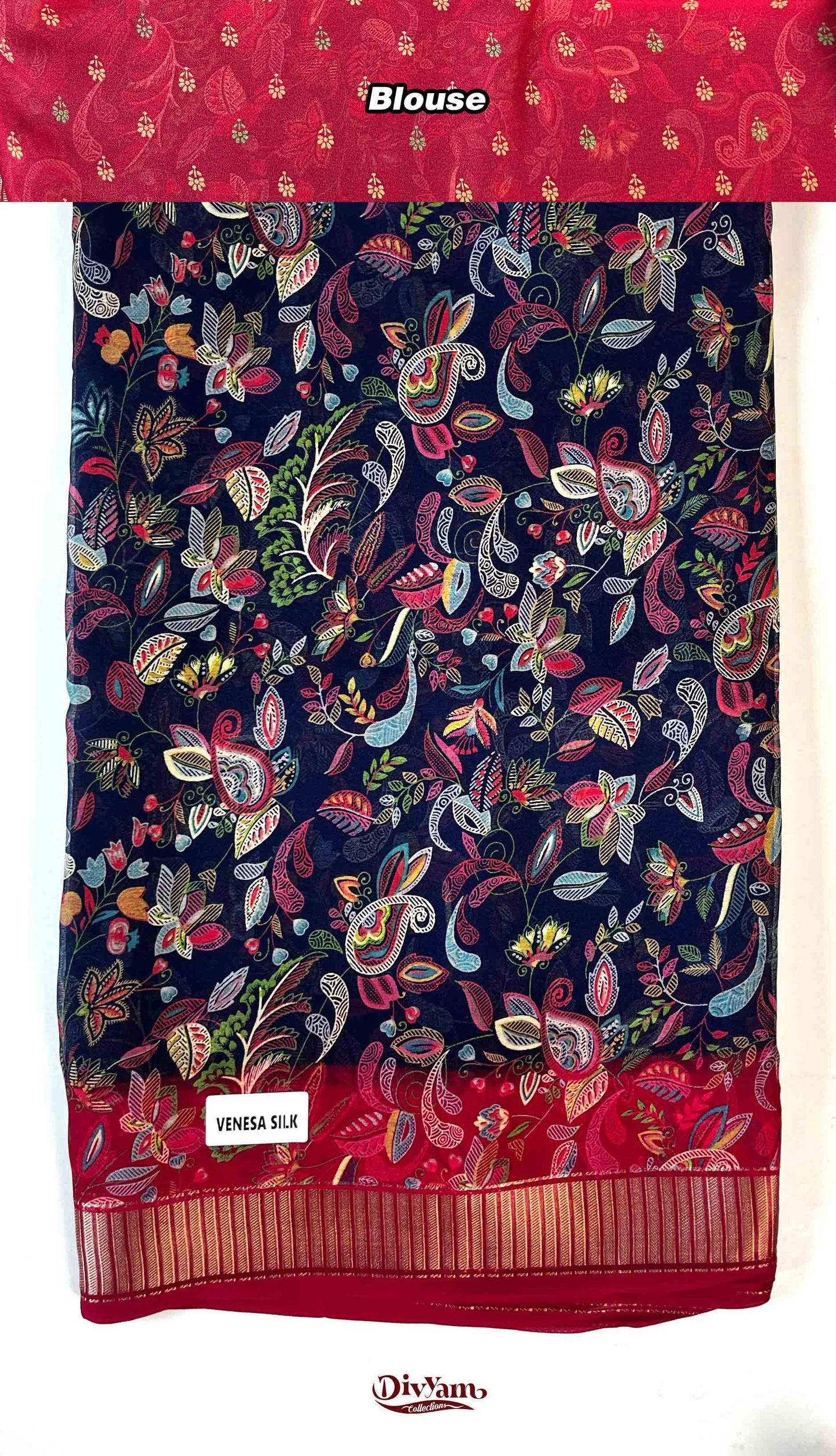 DC188 | Soft Georgette Kalamkari Print Saree with Jari Piping Border & Contrast Blouse