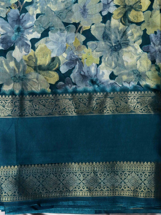 Sea Green Fancy Silk Saree With Jacquard Gap Border and Beautiful Floral Print