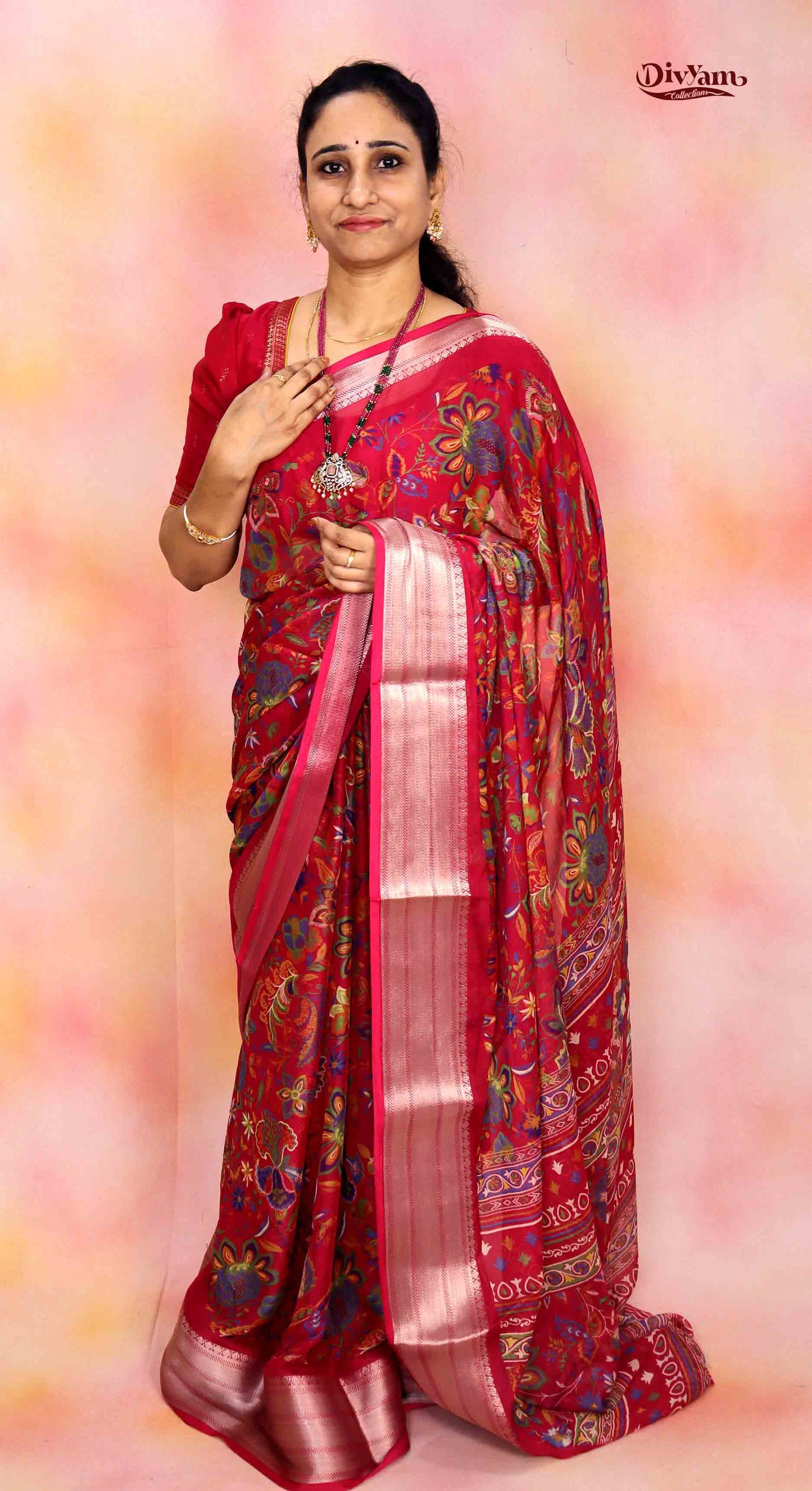 DC218 | Chinon Georgette Kalamkari Floral Saree with Blouse