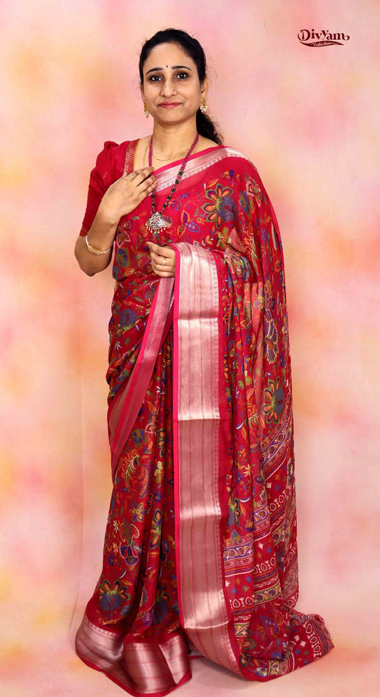 DC218 | Chinon Georgette Kalamkari Floral Saree with Blouse