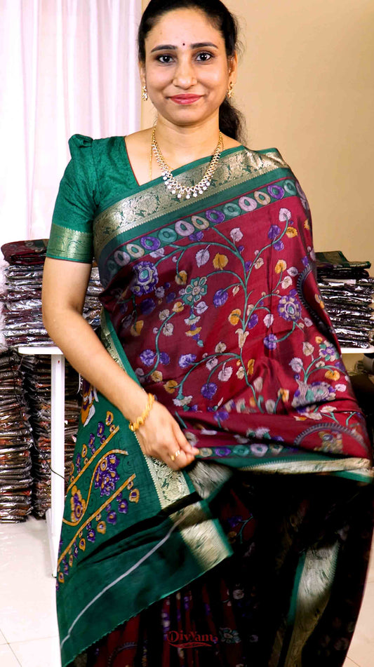 DC113 | Maheshwari Silk Saree with Kalamkari Print & Narayanapattu Hamsa Border | Running Blouse | 6 Colours
