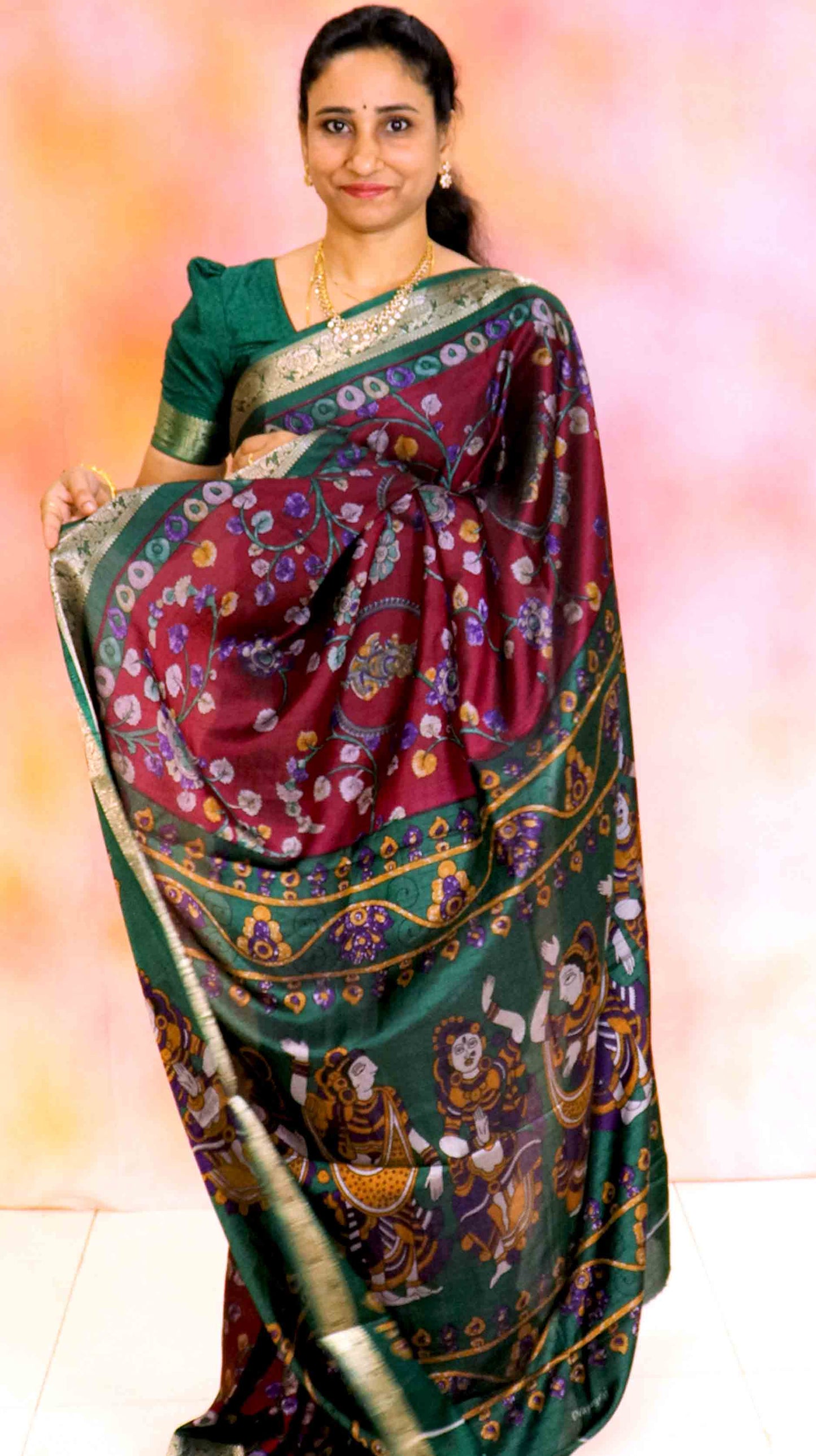 DC113 | Maheshwari Silk Saree with Kalamkari Print & Narayanapattu Hamsa Border | Running Blouse | 6 Colours