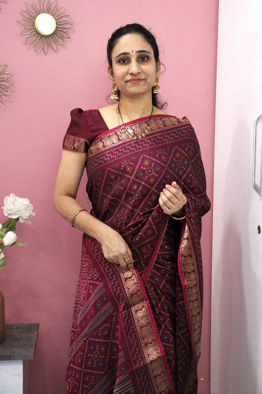 DC115 Maheshwari Silk Saree with Bandhani Print & Narayanapattu Hamsa Border | Running Blouse | 6 Colours