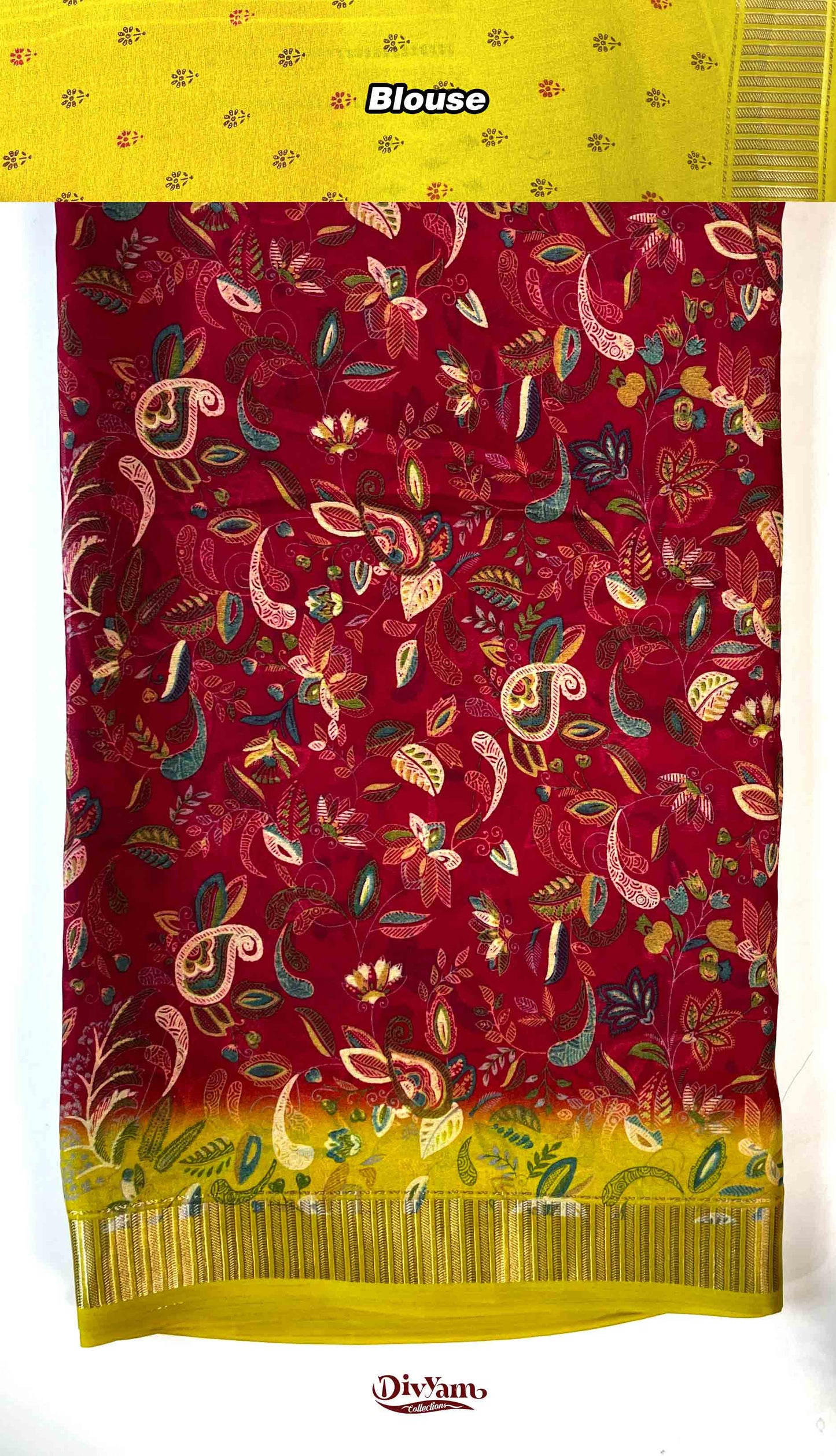 DC188 | Soft Georgette Kalamkari Print Saree with Jari Piping Border & Contrast Blouse