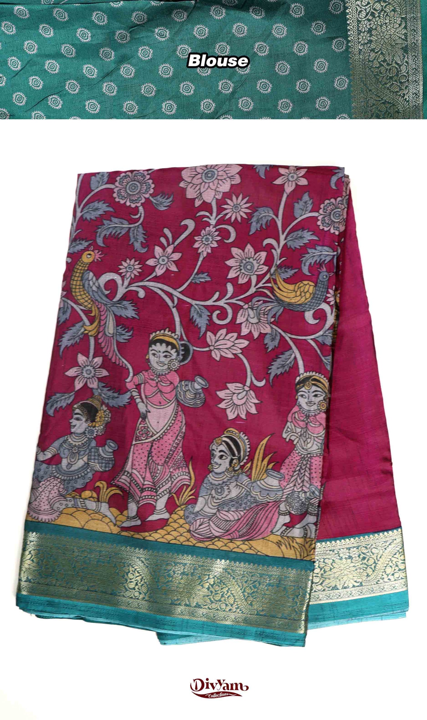 DC234 | Maheshwari Silk Saree with Floral & Dancing Dolls Kalamkari Design | Flora Zari Border