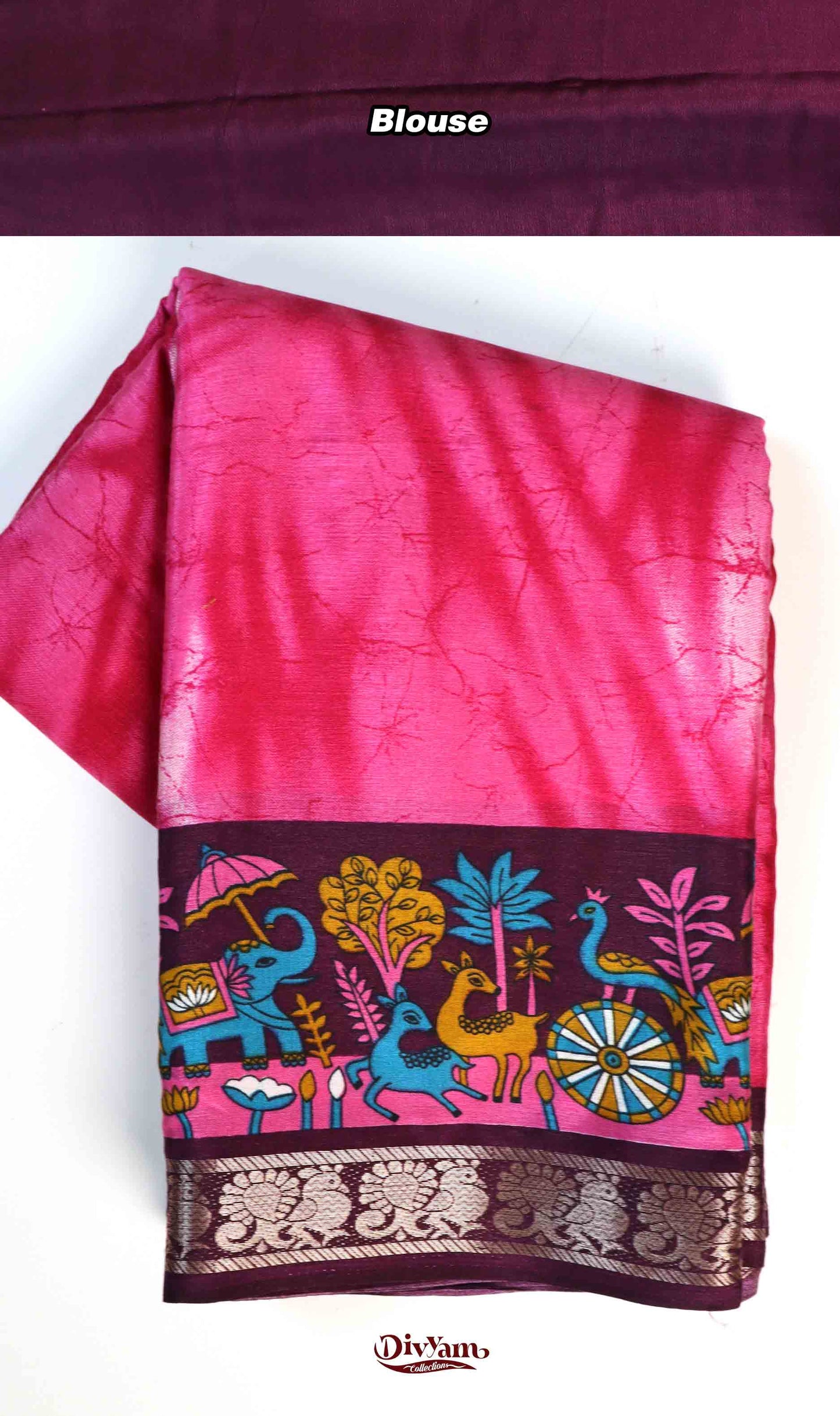 DC195 | Maheshwari Silk Shibori Print Saree with Pichwai Border & Narayanpet Jari Border