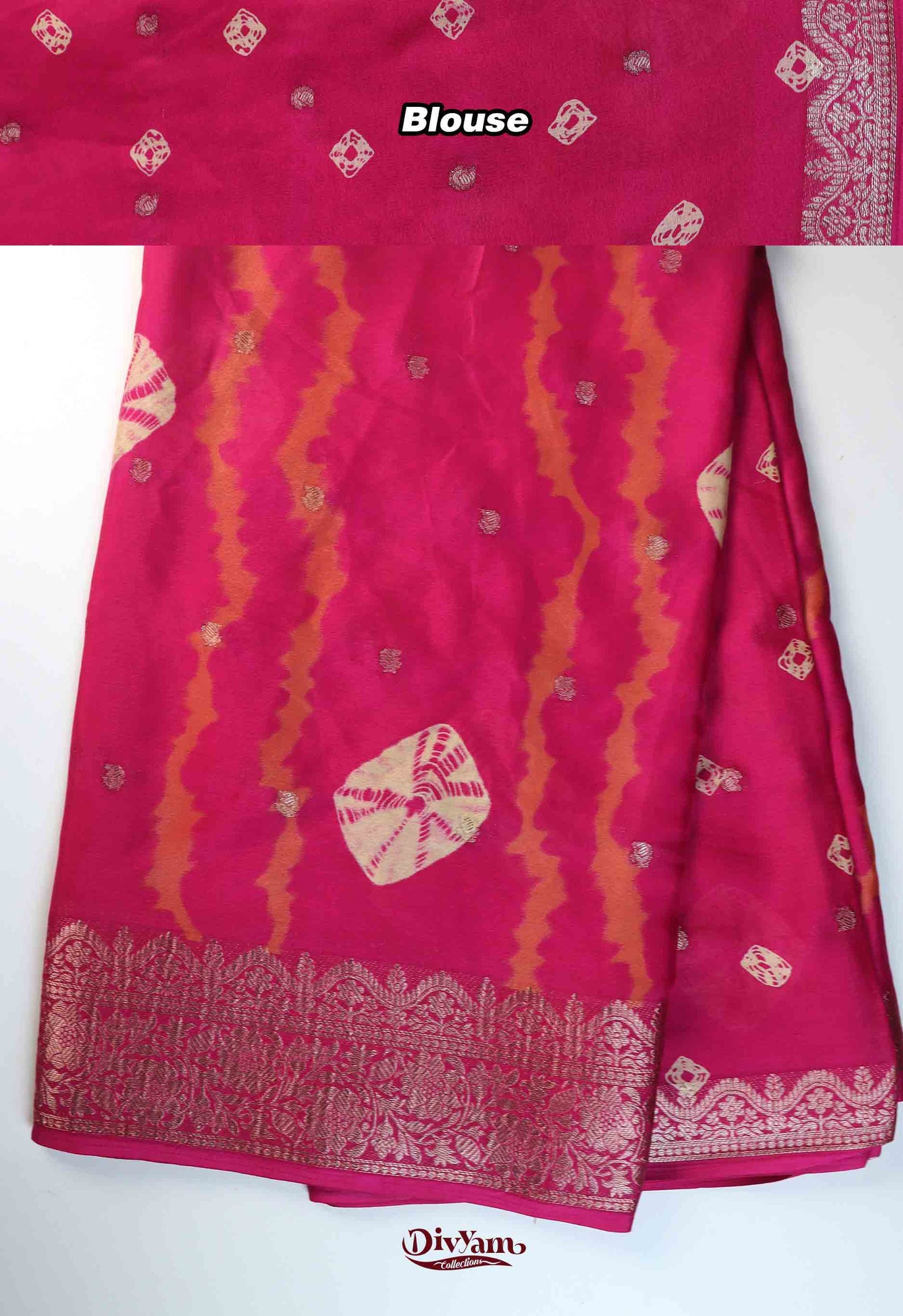 DC275 | Soft Chinon Crepe Silk Saree with Bandhini Shibori Design & Gold Zari Border