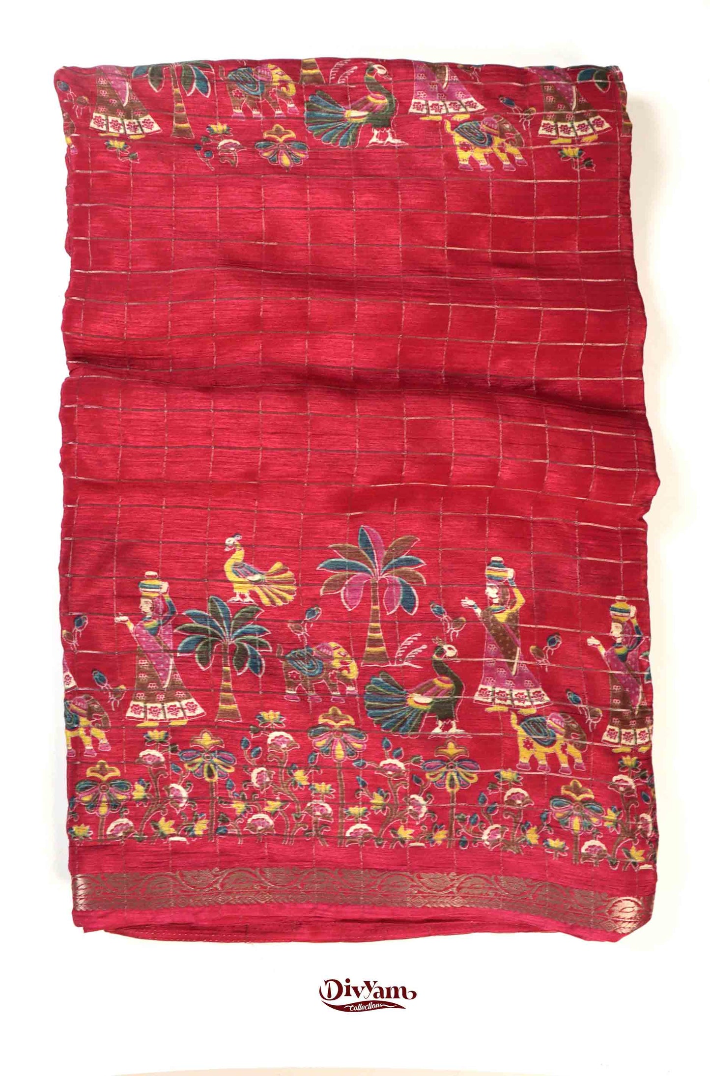 DC177 | Premium Chinon Crêpe Pattachitra Hand-Painted Saree with Jari Checks & Floral Accents