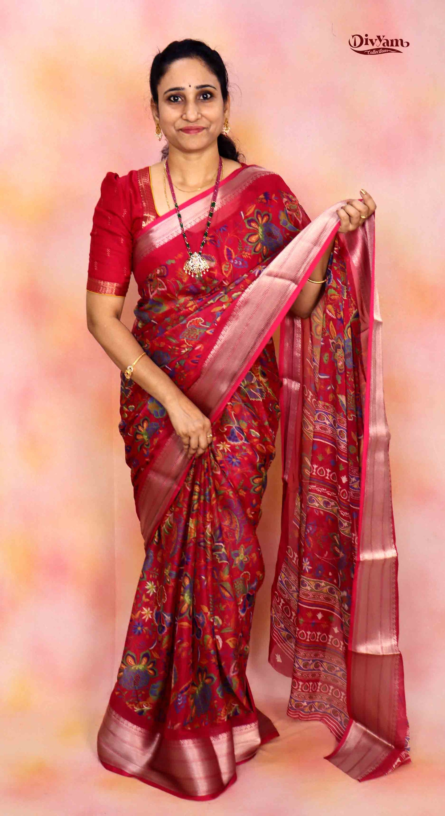 DC218 | Chinon Georgette Kalamkari Floral Saree with Blouse