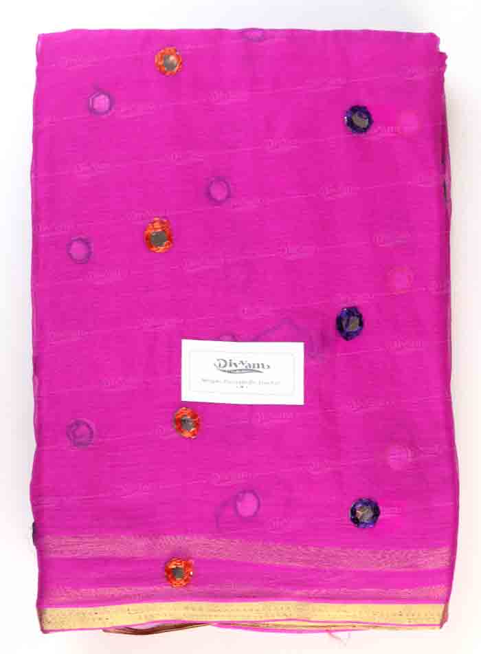 DC304 | Budget Plain Saree with Mirror Work, Piping & Golden Zari Border, ( No Blouse )